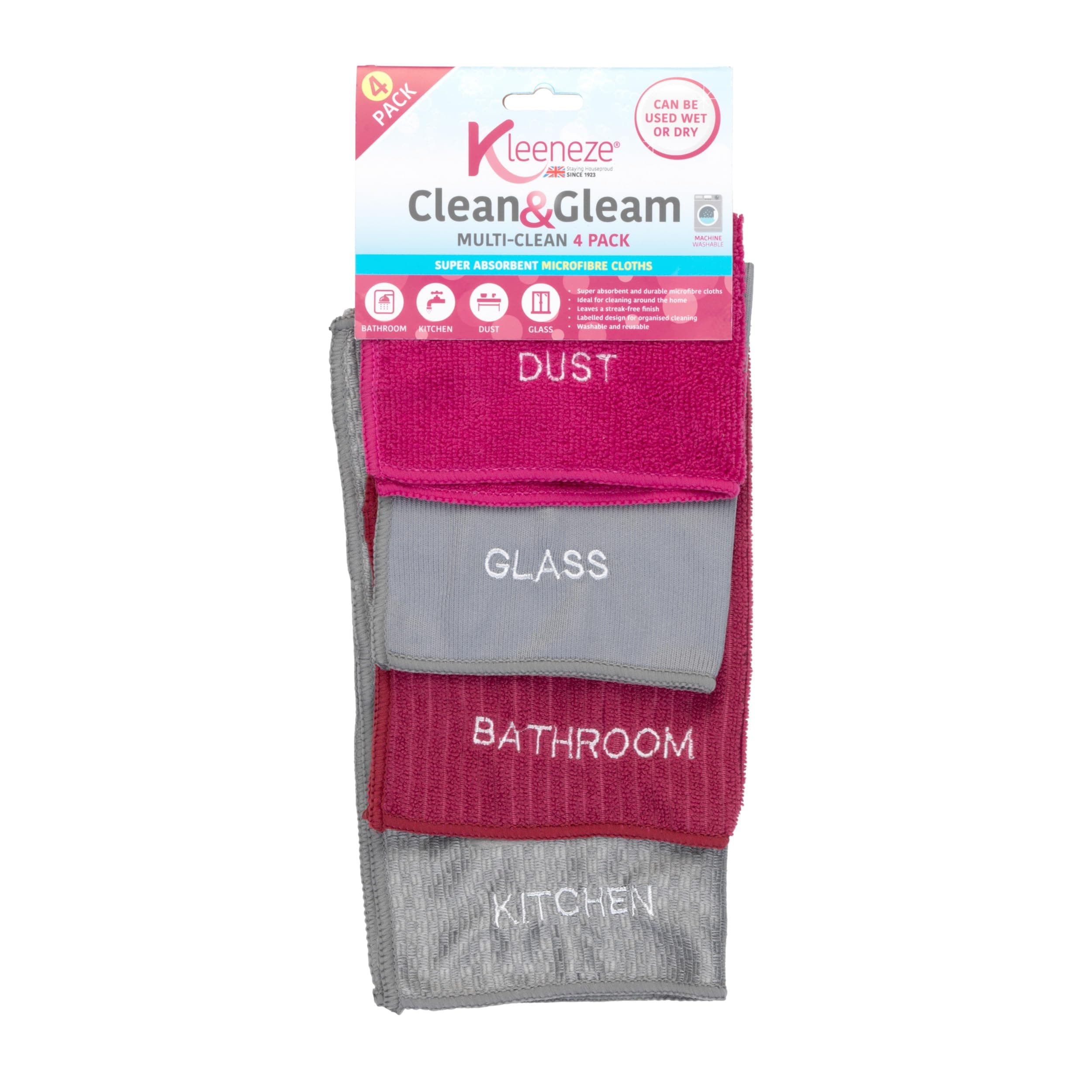 KL068118EU Super Absorbent Microfibre Cloths for Cleaning and Removing Bacteria | Pack of 4, Grey/Pink, 4 Pack