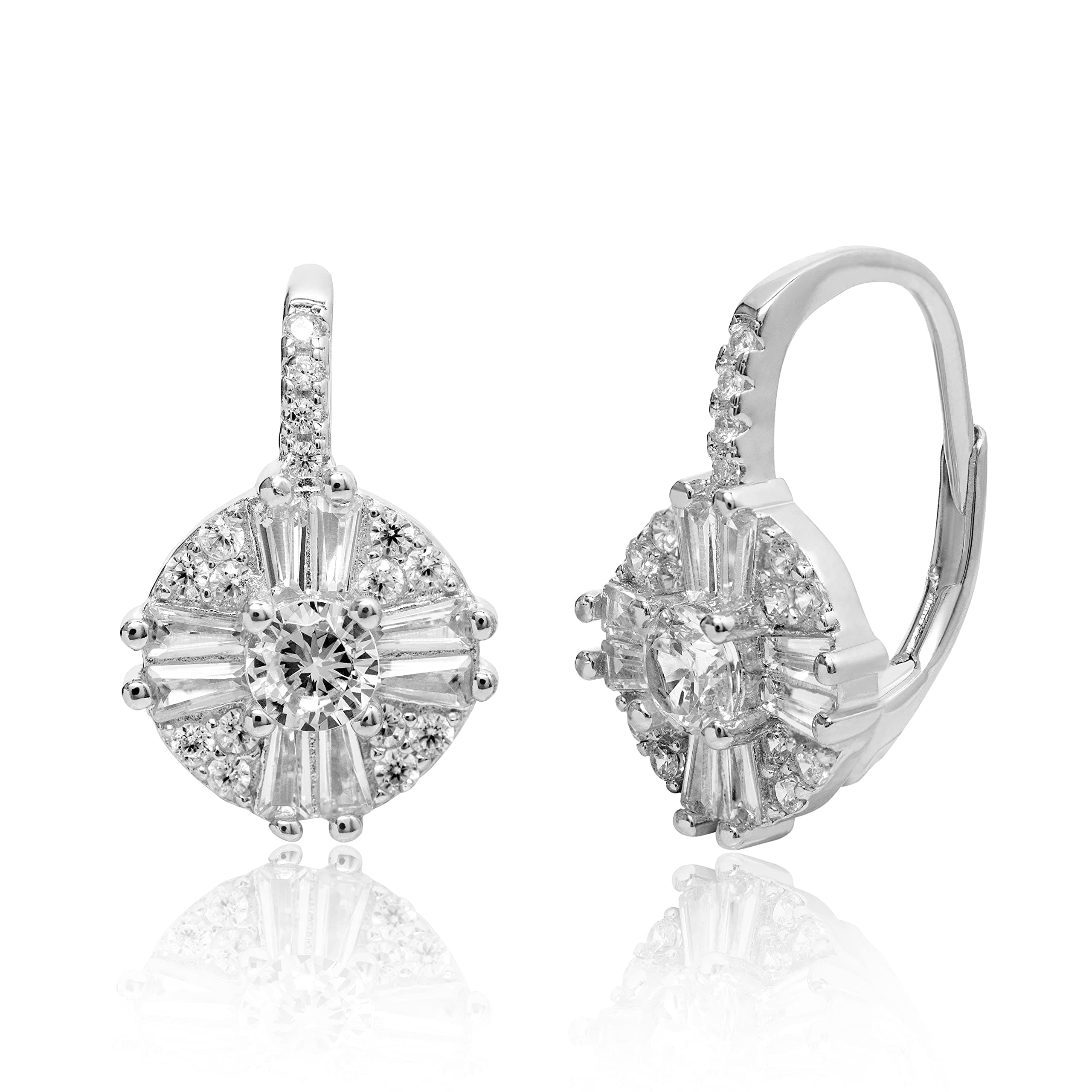 Sterling Silver Cluster Drop Antique Look Cubic Zirconia Leverback Earrings for Women