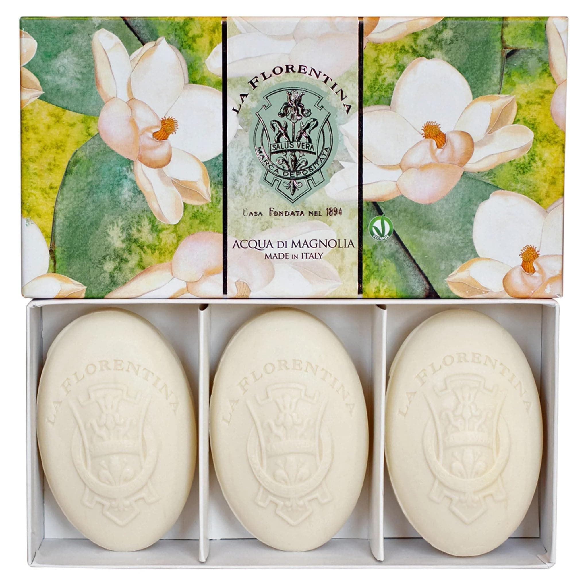 La Florentina:"Acqua di Magnolia" Bar Soaps, Fresh Magnolia Scent,"Bellosguardo" Collection - Pack of 3 Soaps, 5.3 Ounces (150g) Each, Gift Box [ Italian Import ]
