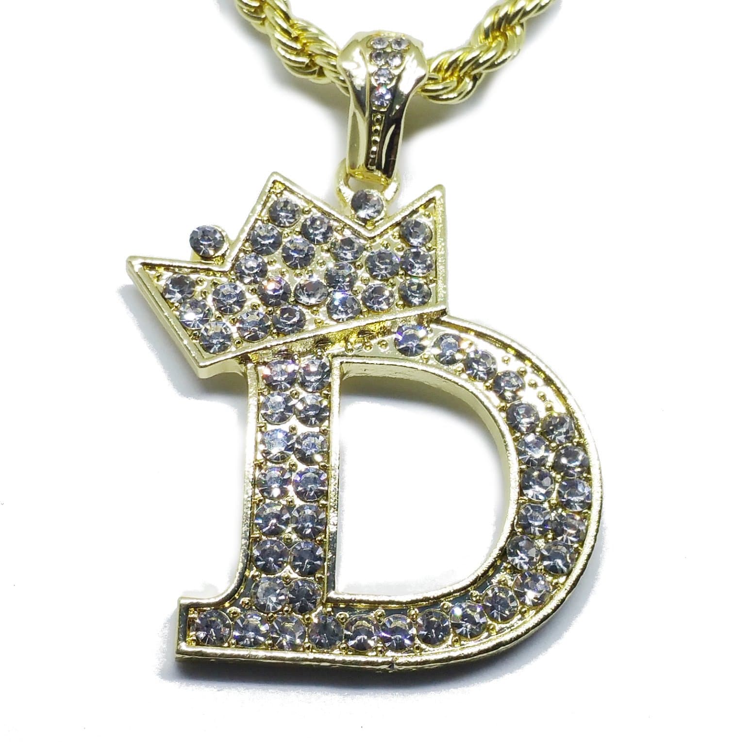 Iced Out Initial Letter D Crown 14K Hip Hop Gold Plate Jewelry Bling Bling Pendant Necklace 30" Rope Chain Included