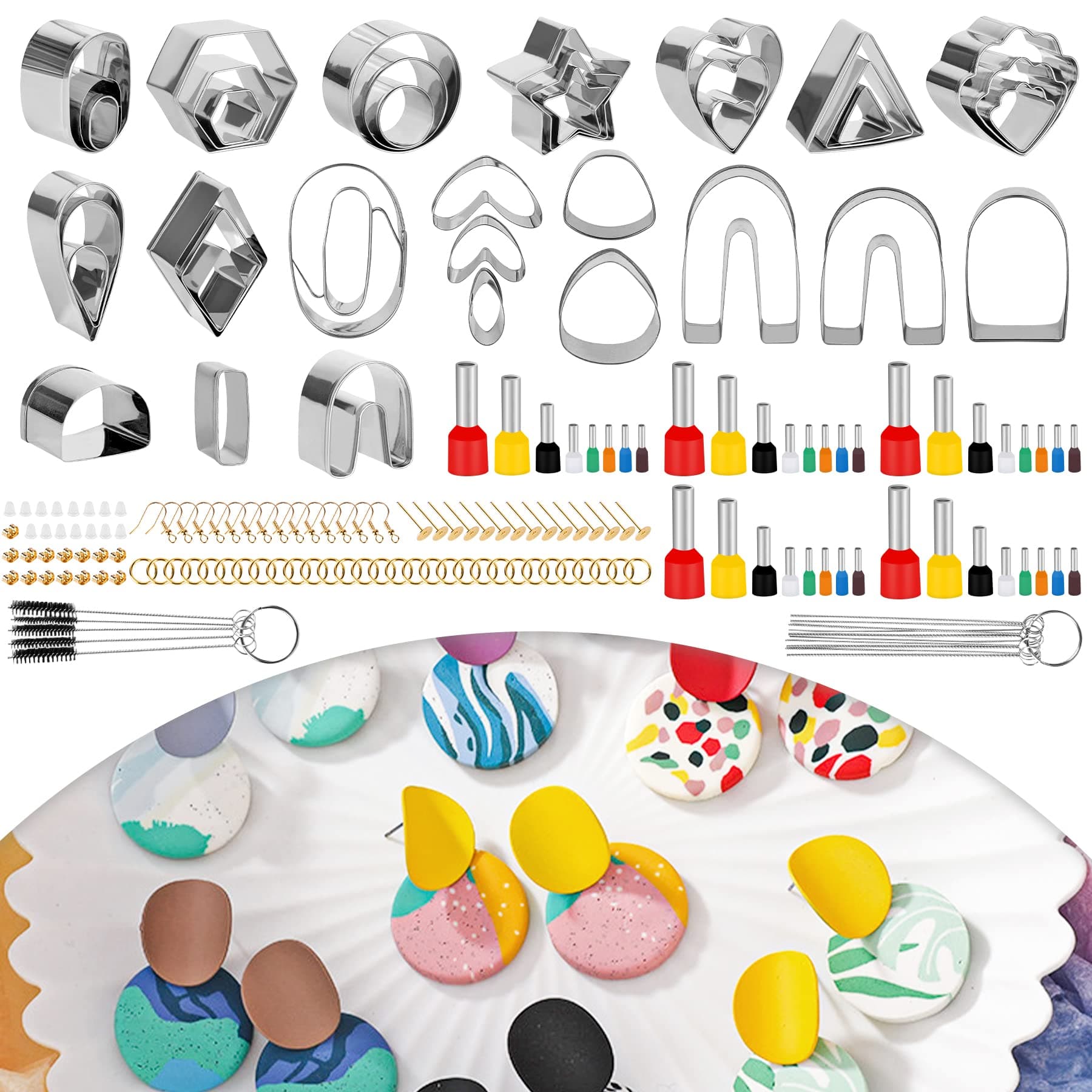 Kikerike 169 Pcs Polymer Clay Cutters Kit 39 Shapes Stainless Steel Clay Earring Cutters with 40 Indentation Round Circle Shape Punch Tools Mold and 90 Accessories for Jewelry Making