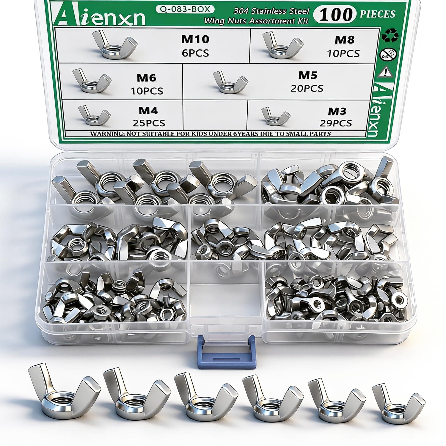 100PCS Metric Sizes Wing Nuts Assortment Kit, 304 Stainless Steel M3, M4, M5, M6, M8, M10, Parts Butterfly Wing Nut, Wingnuts Fasteners