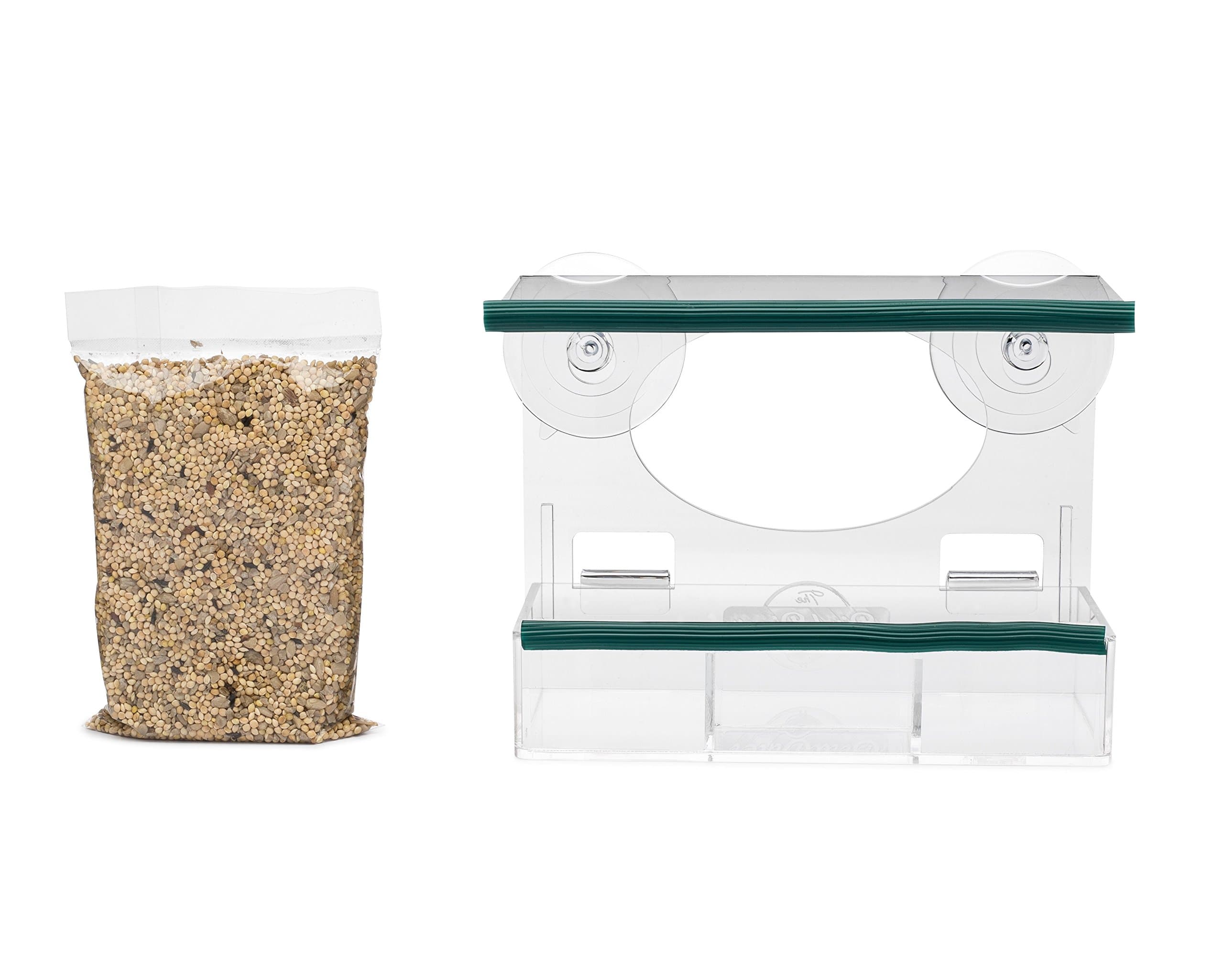 Window Bird Feeder Kit - Bird Food Included - Premium Quality Clear Acrylic - Removable Tray- Great Gift - Fun for All