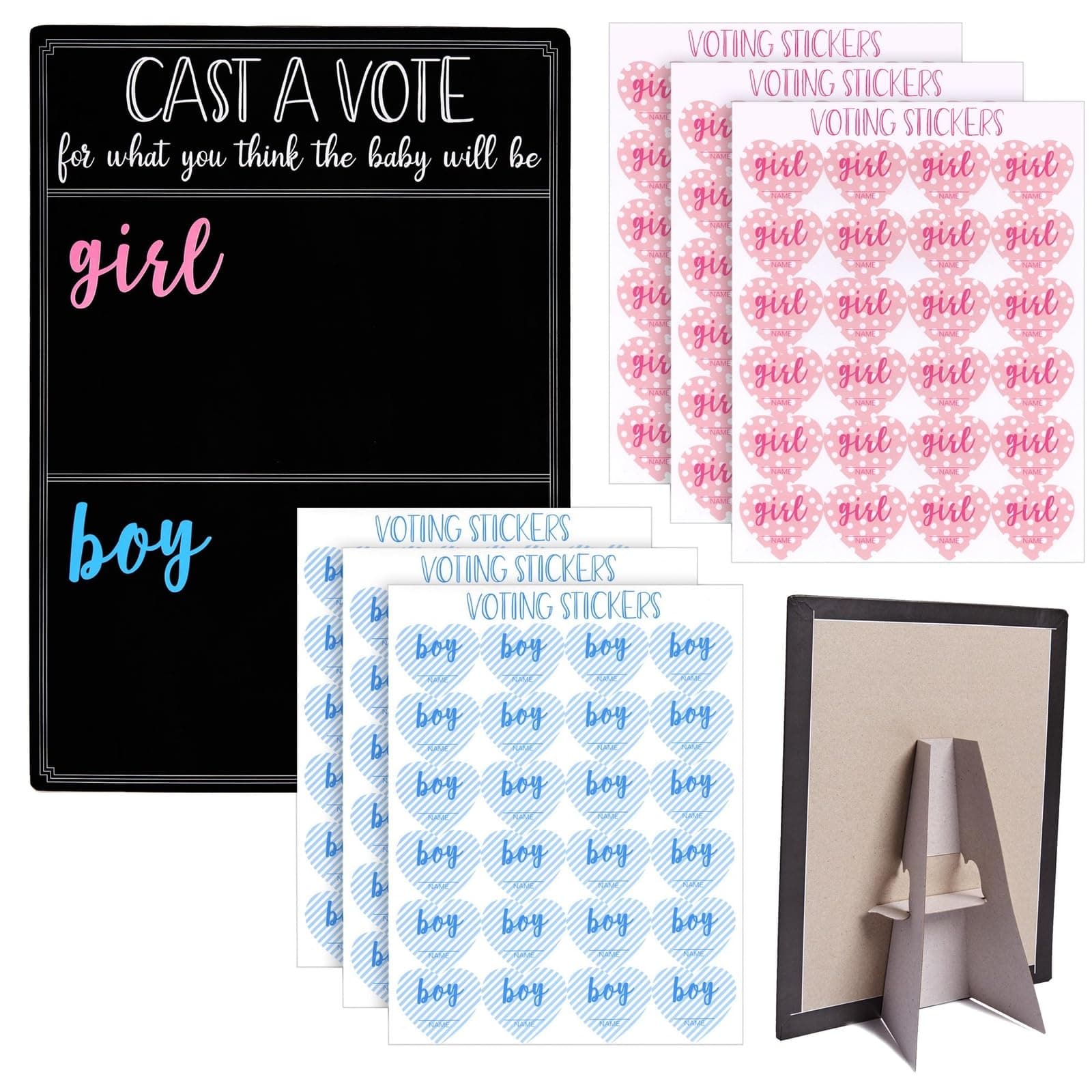 Juvale Baby Gender Reveal Board Game with 120 Girl or Boy Voting Stickers, Cast Your Vote Sign with Stand (Chalkboard Design)