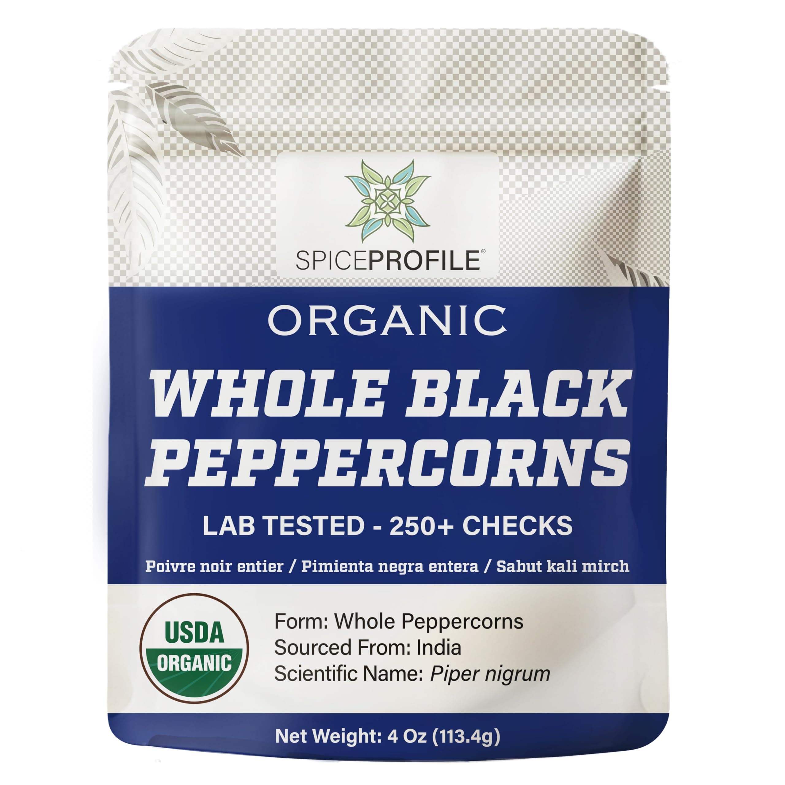 USDA Organic Black Peppercorns Whole, Lab Tested for Heavy Metals, Resealable 4oz Pouch, Kali Mirch, Pimienta Negra en Granos