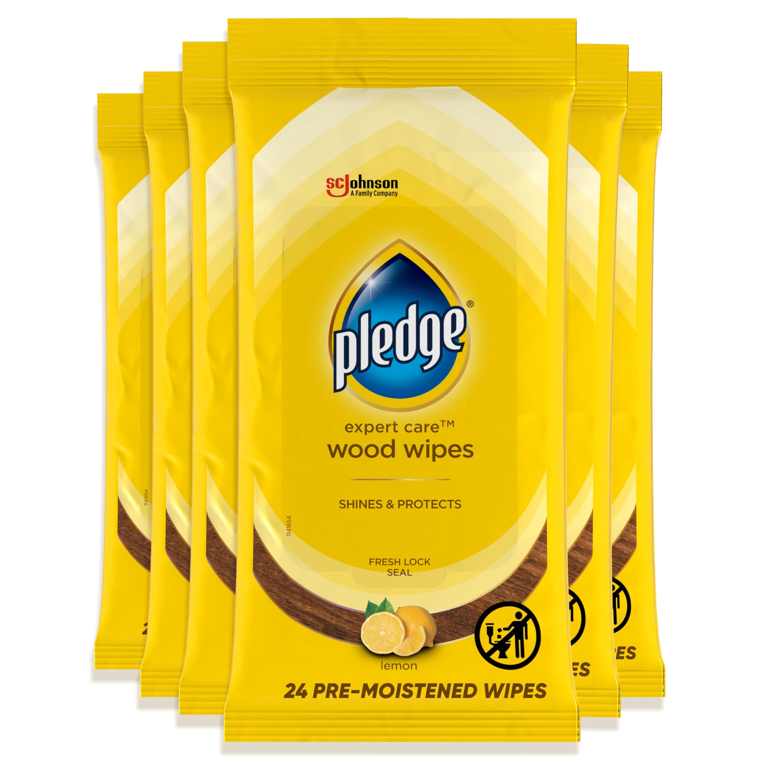 Pledge Expert Care Enhancing Wood Wipes, Lemon Scent (Pack of 6, 144 Total Count), Yellow