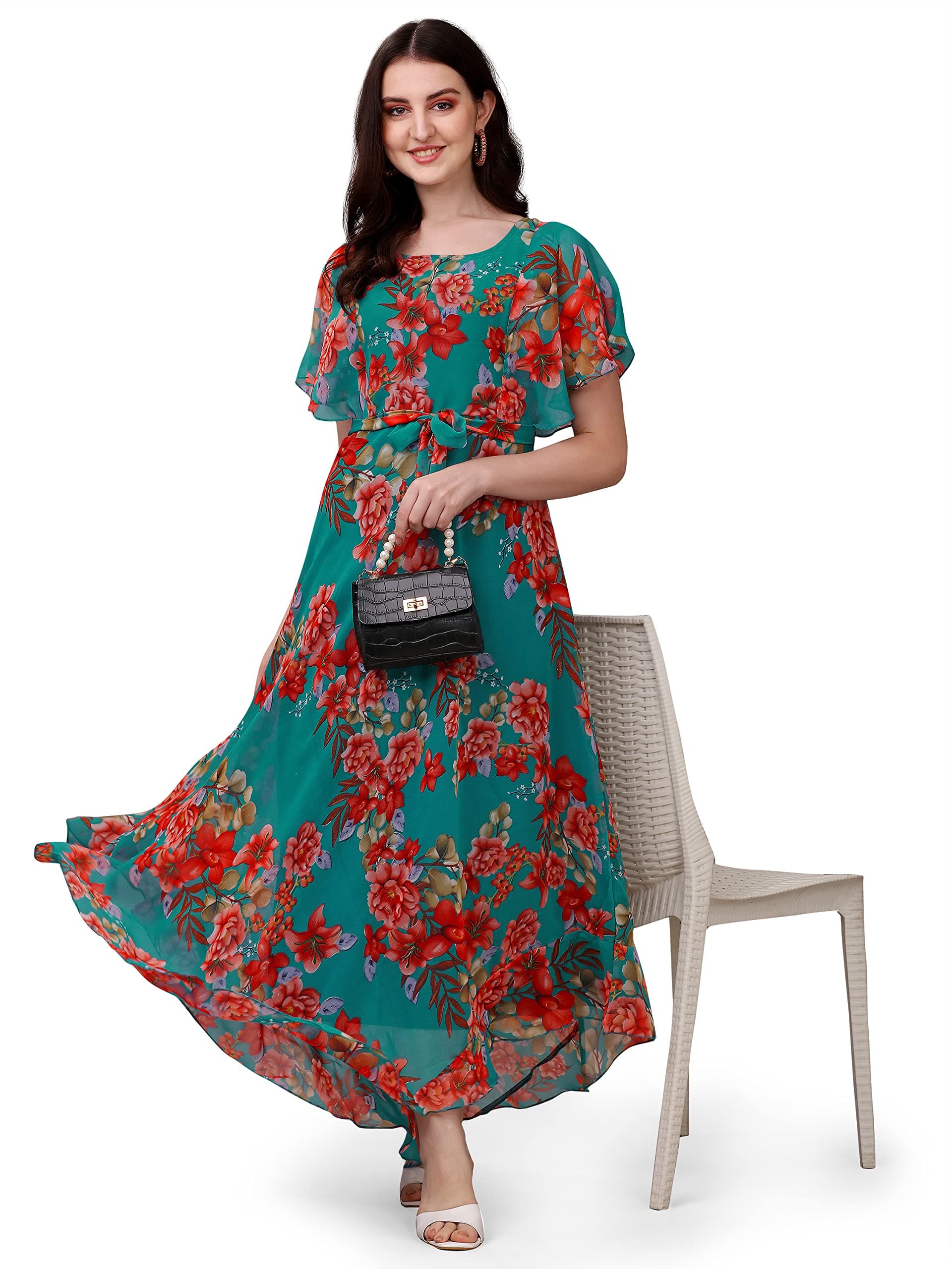 Women's Georgette Floral Digital Print Short Sleeve Full-Length Fit & Flare Long Gown Dress for Girls (ET-CYWN-E1LE)