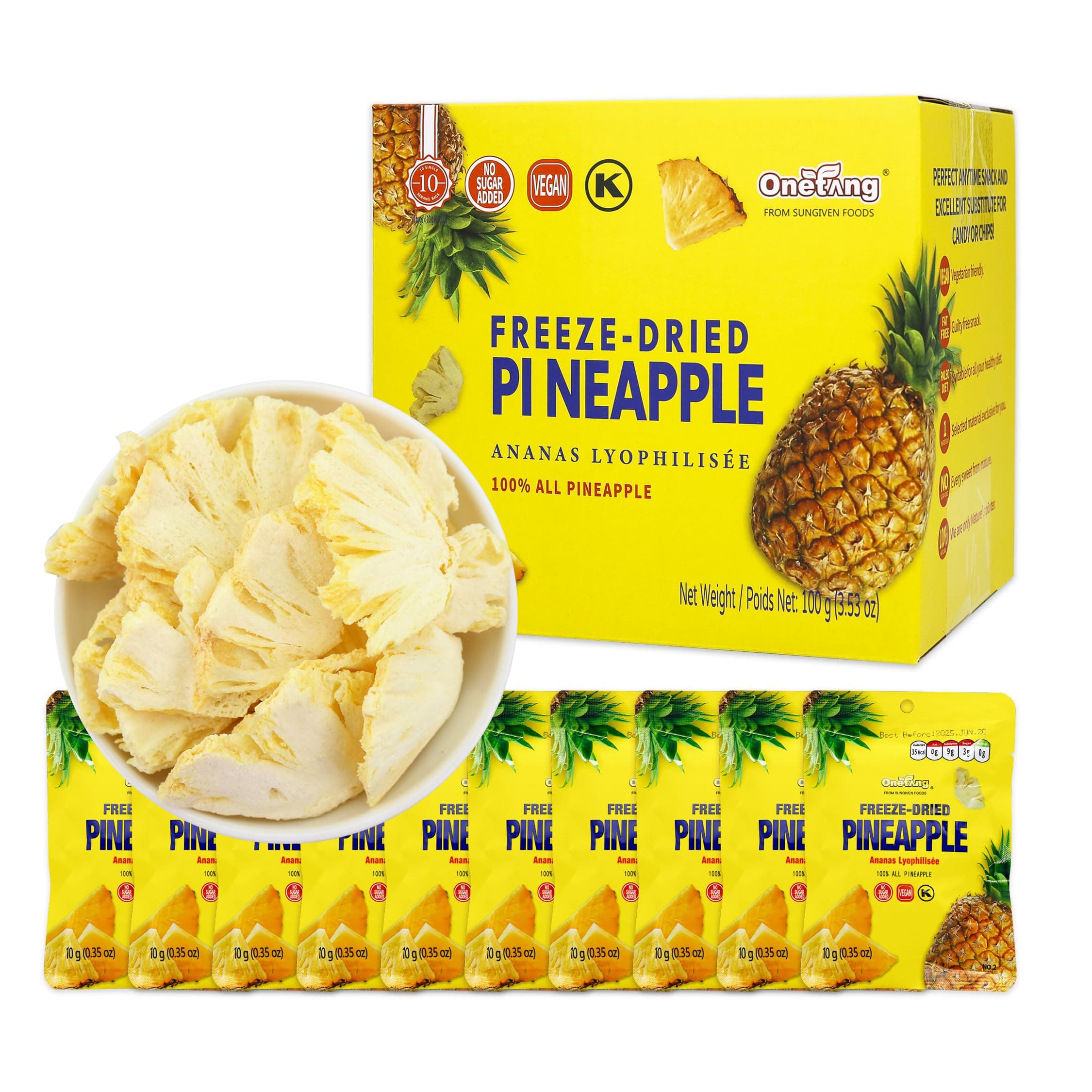 Freeze-Dried Fruit Pineapple Chips, 10 Pack Single-Serve Pack, Non GMO, Kosher, No Add Sugar, Gluten free, Vegan, Holiday Gifts, Healthy Snack 0.35 Ounce