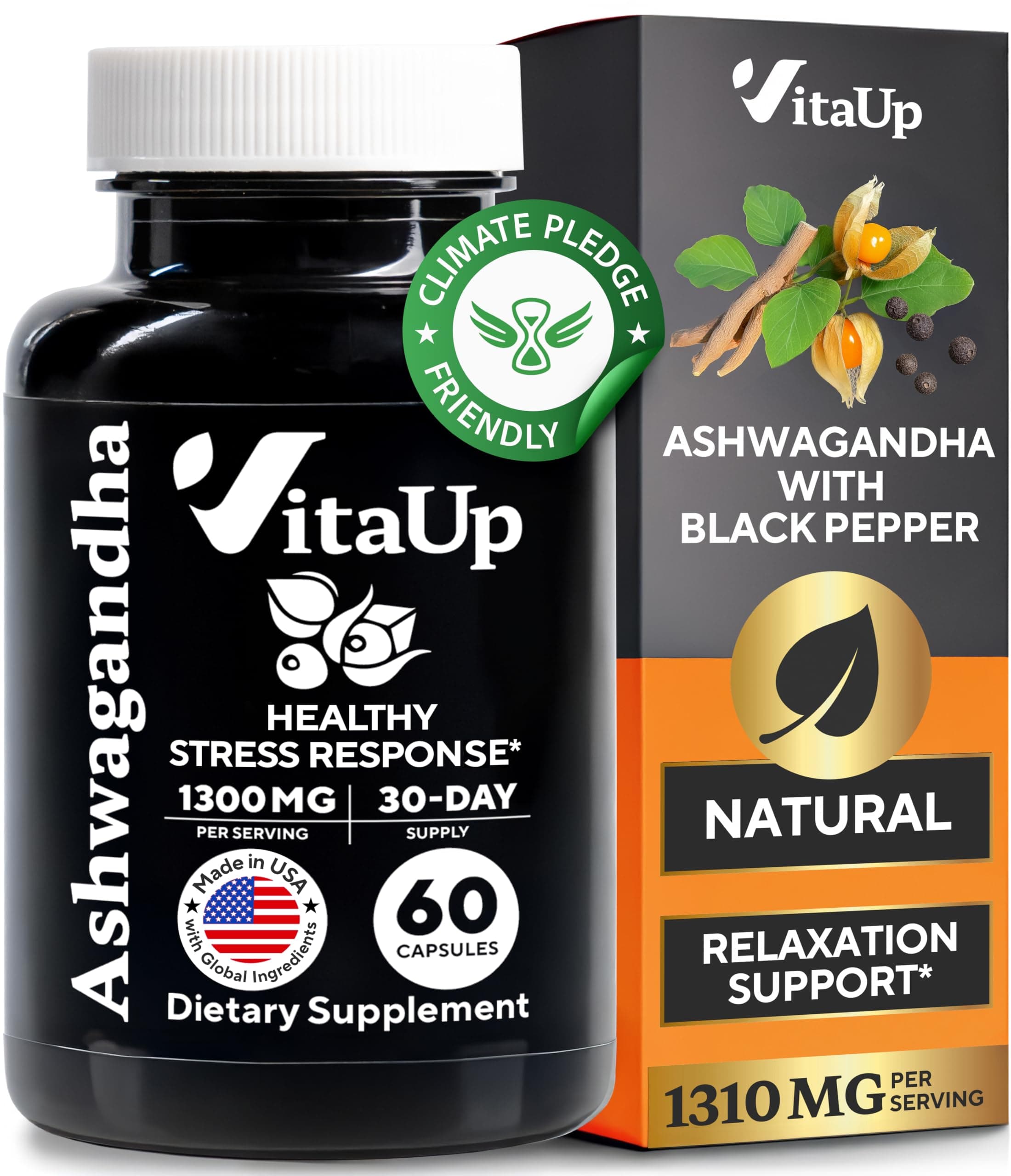 Ashwagandha Capsules 1310mg with Black Pepper - USA Made Ashwagandha Supplements for Relaxation Support, Normal Cognitive Function & Balanced Energy Levels – 60 Caps