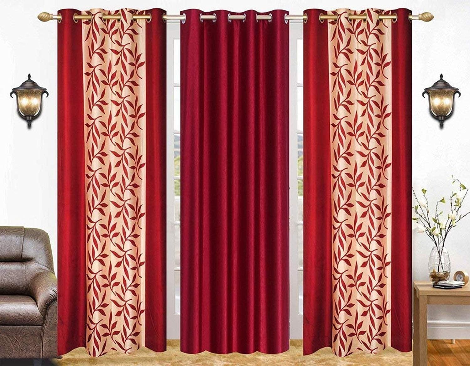 Home Weavers Polyester Blend Solid and Printed Long Crush Door Curtain ( 7 Feet, Red, Maroon, Pack of 3 )