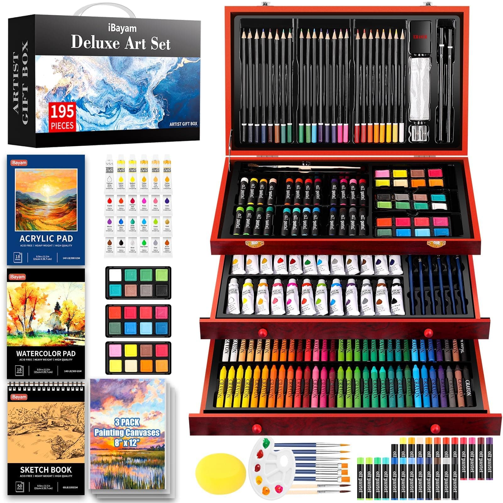 Art Supplies, 195 Pack Art Set Drawing Kit for Adult, Arts and Crafts Painting Kit, Art Kits Paint Set with Acrylic Pad, Sketchbooks, Watercolor Pad, Canvases, Gift Box