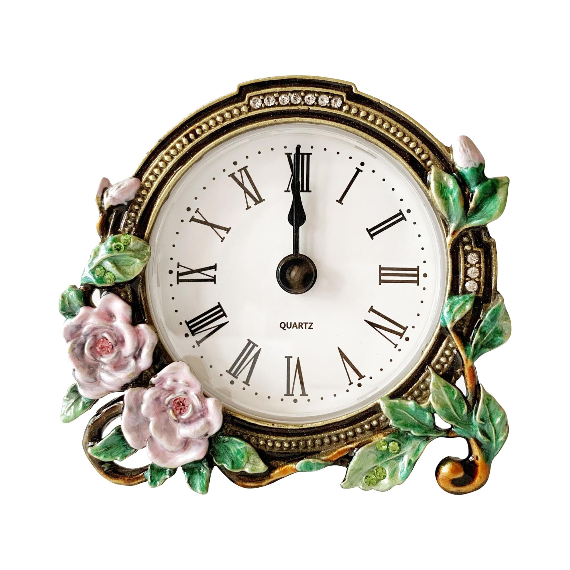 Silent Mini Vintage Analog Table Clock with Hand-Painted Metal Body and Battery Operated Non-Ticking Core for Shelf, Bedroom, Bedside, Desk, Gift Clock