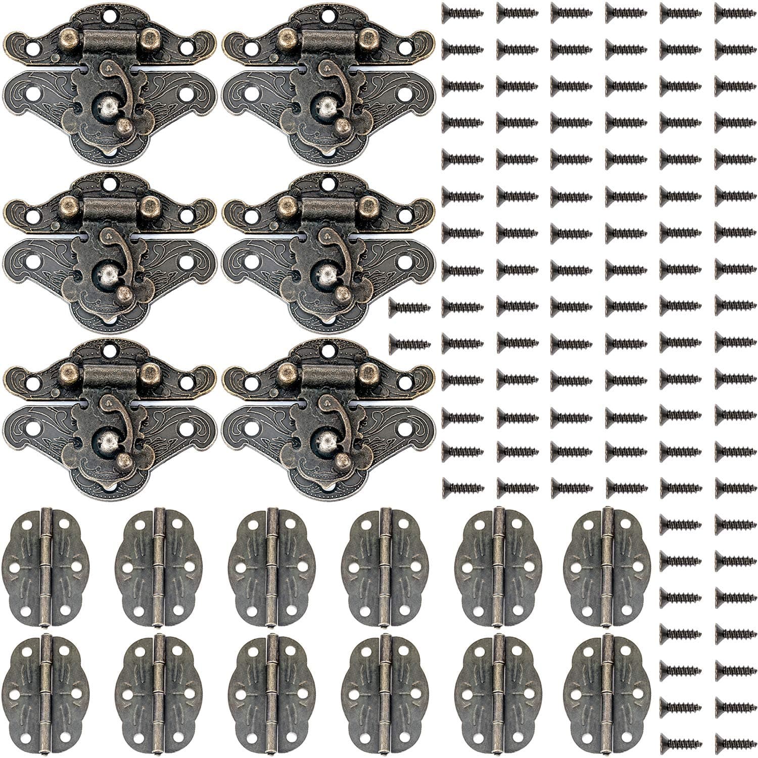 Small Hinges for Wooden Box 6 Pieces Decorative Latch Repair Kit - Jewelry Box Hinges Buckle Wooden Box Latch Decorative Hasp Latch with 12 Antique Bronze Engraved Designs Hinge and 100 Screws