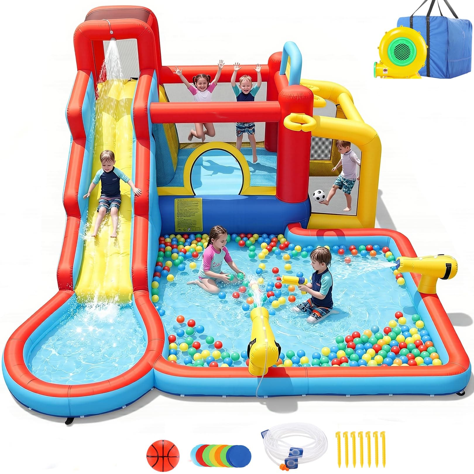 Inflatable Bounce House Water Slides, 15FTx11.5FT Extra Large Waterslide Jumping Castle with Kids Swimming Pool, Water Slides, Water Cannons, Basketball Hoop for Kids Backyard (Splash Stadium)