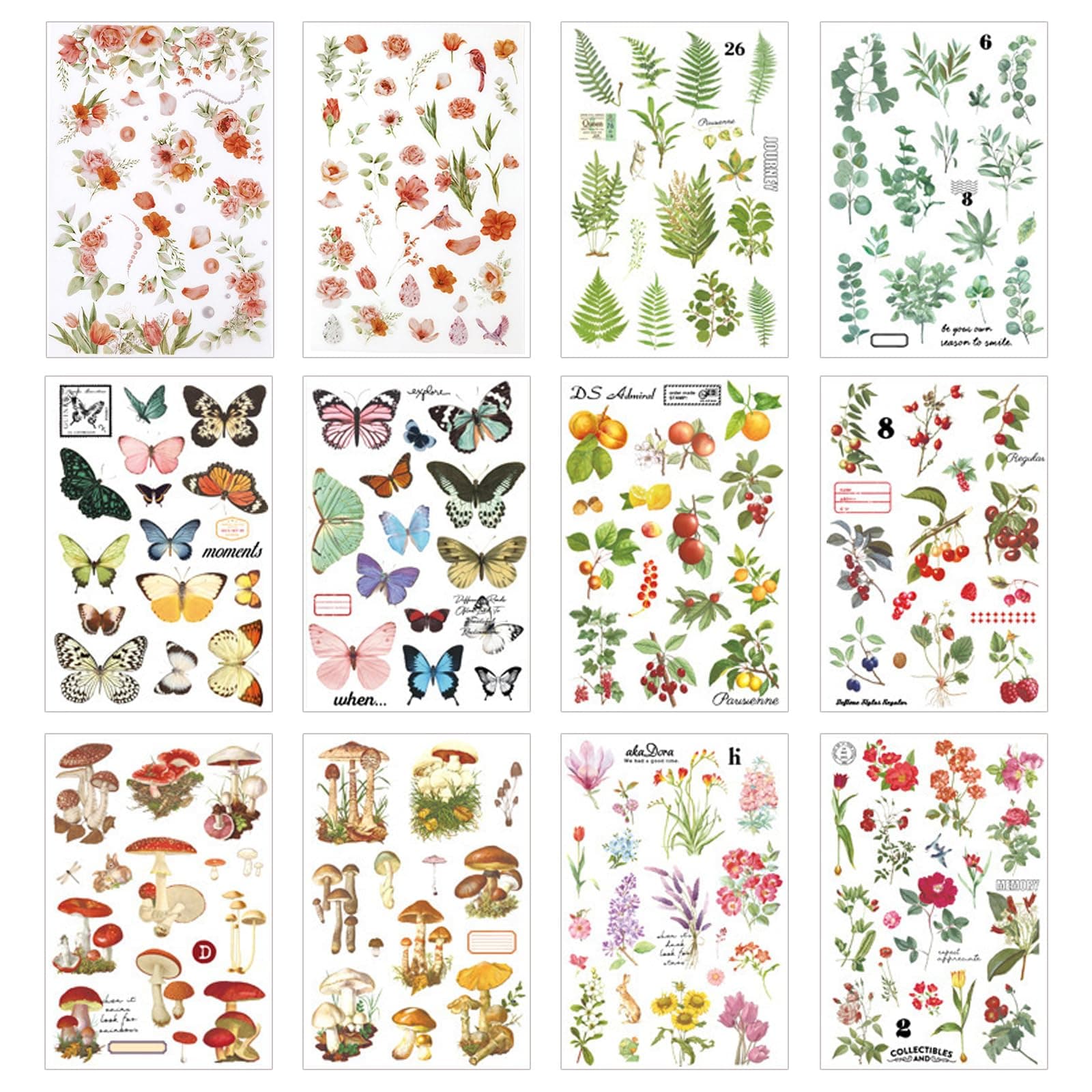 12 Sheets Rub on Transfers for Furniture Crafts Vintage Rub On Transfer Stickers Flower Plant Mushroom Butterfly Berry Stickers for Wood Fabric Furniture Decals for Home Office Scrapbooking Journals