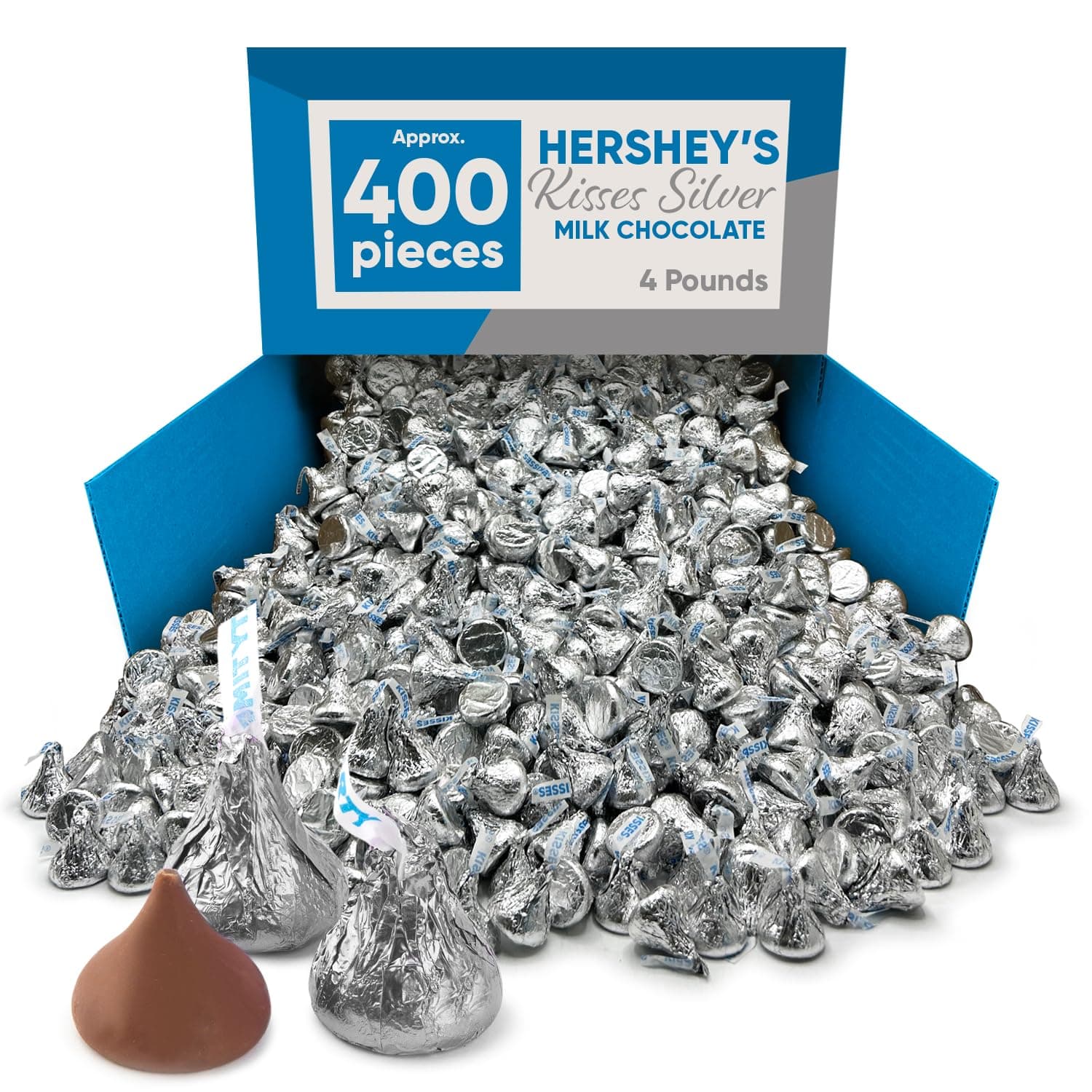 Hershys Kisses Silver Foiled Classic Milk Chocolate - 4 Pounds approx 400 pieces of Chocolate Candy Individually Wrapped - Ideal for Snacking and Sharing wit Family & Friends - Halloween Candy, Bulk Candy Individually Wrapped, Chocolate Candy Ideal for Parties & Gifting