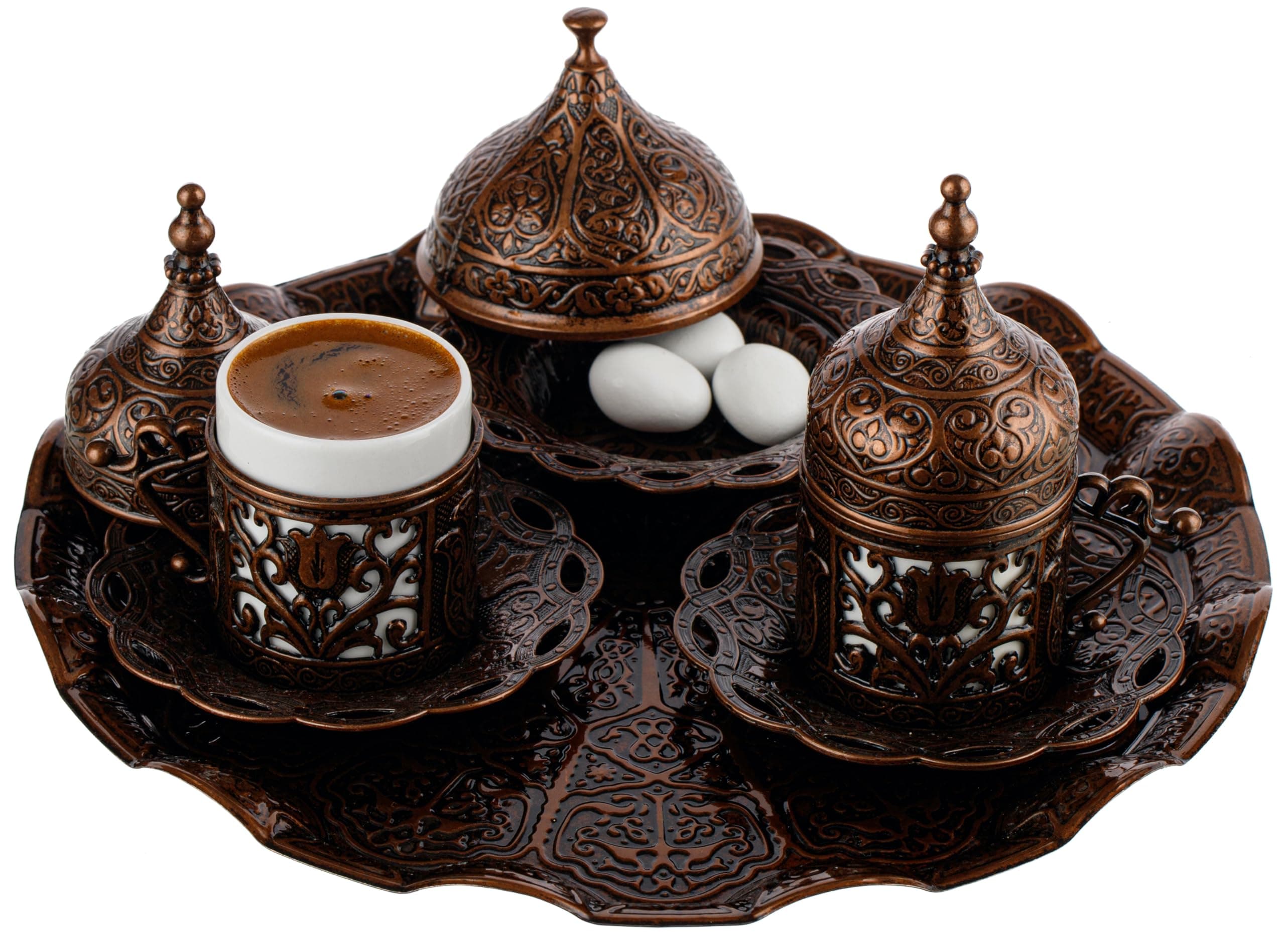 DEMMEX 2024 Turkish Greek Arabic Coffee Serving Set with Cups, Saucers, Cup Holders, Lids, Sugar Bowl & Lid and Tray, 11 Pcs (Antique)