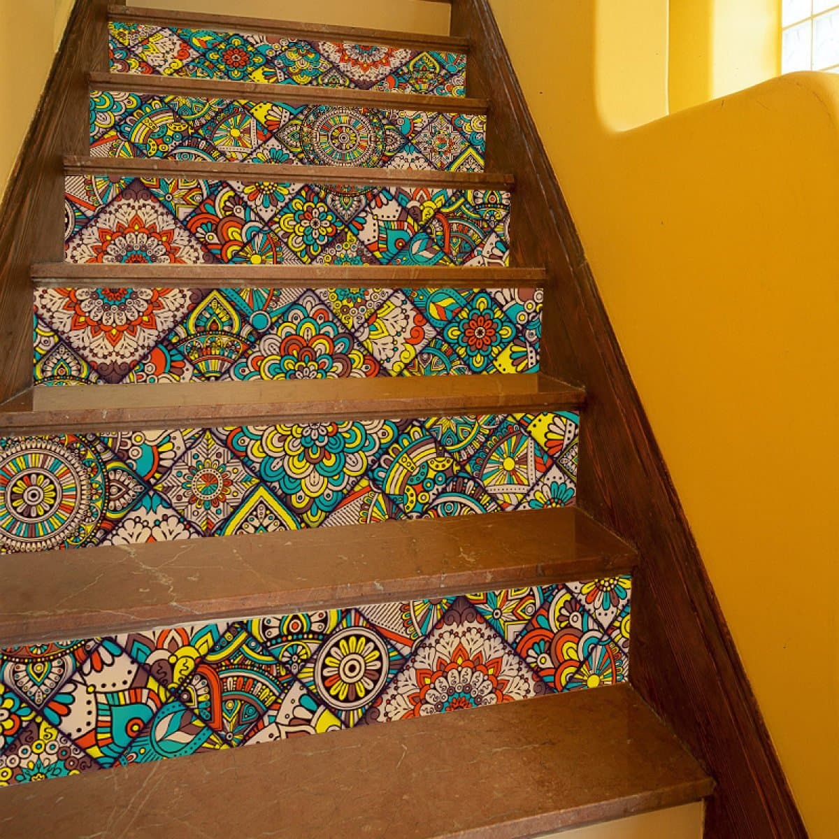 QTZS Creative 3D Bohemian Pattern Tile Staircase DIY Renovation Decorative Wall Stickers 6pcs