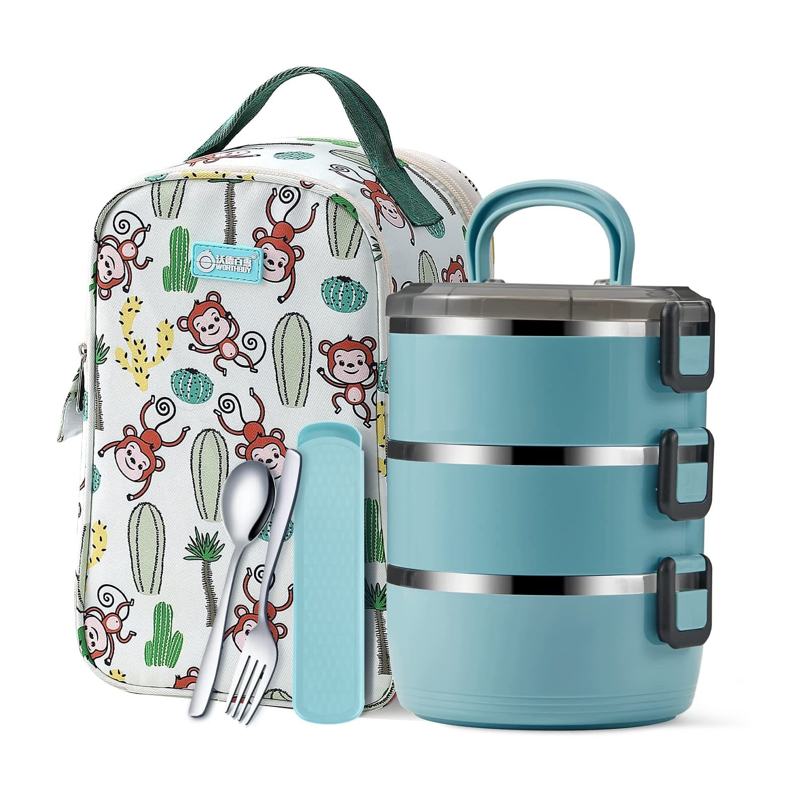 YBOBK HOME Bento Box Adults Lunch Box For Work, 3-Tier Cylinder Stackable Lunch Box With Bag, Keep Food Warm Thermal Lunch Container, Portable Stainless Steel Insulated Food Container (Blue 71oz)