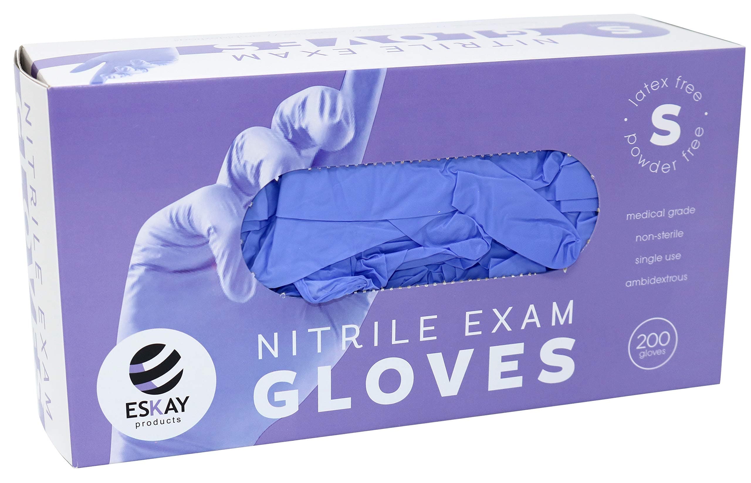 Eskay Nitrile Exam Gloves Box of 200 gloves - Food Safe, Non-Sterile, Latex Free, Powder Free, Medical Grade, Size Medium, Purple Color