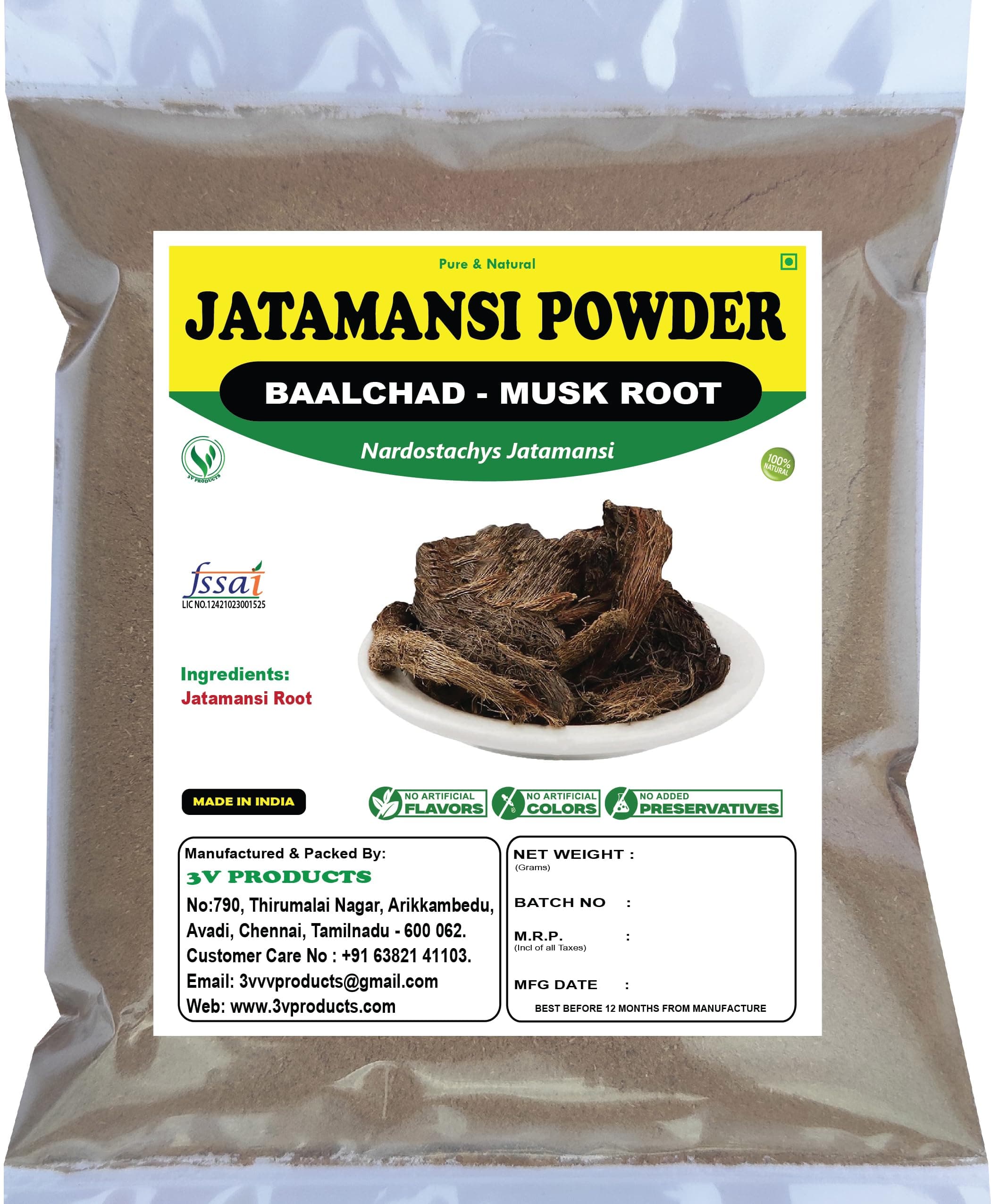 3V PRODUCTS Jatamansi Powder 50gm | Baalchad | Balchar | Nardostachys Jatamansi