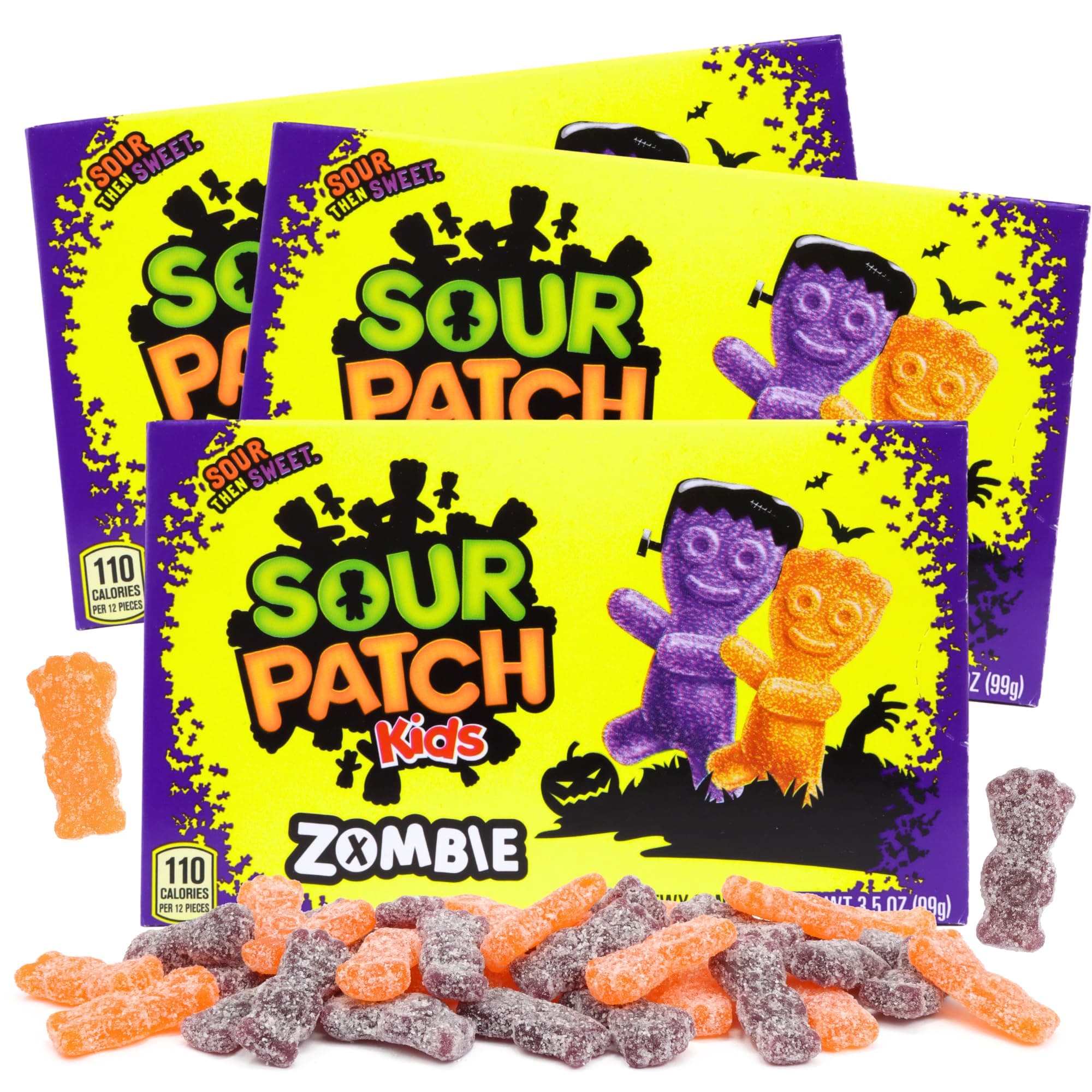 Halloween Sour Patch Kids Zombies, Shareable Movie Night Candy, Spooky Goodie Bag and Bowl Fillers, 3.5 Ounces (Pack of 3)
