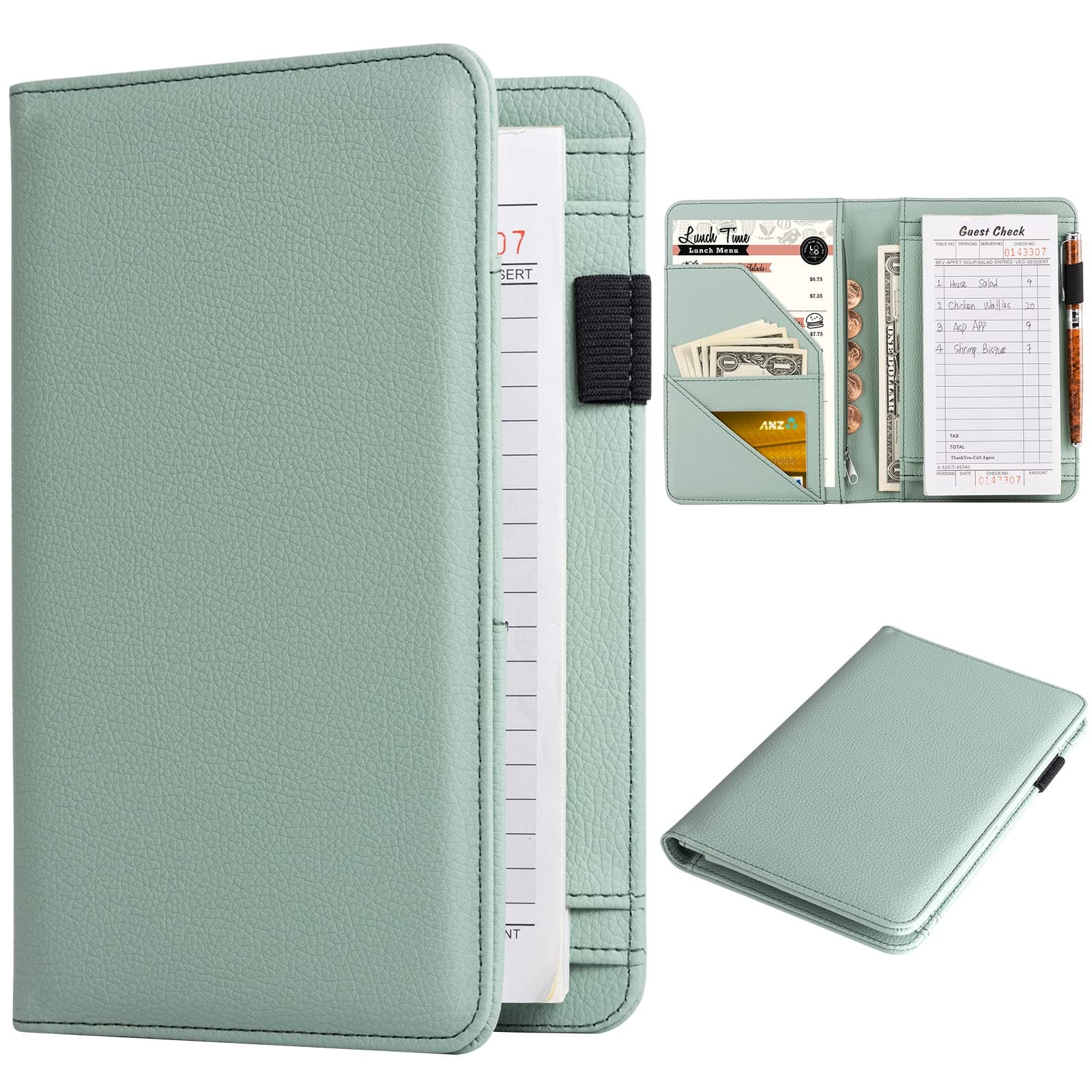 CoBak Server Book - Waitress Book Organizer with Zipper Pouch for Restaurant Waitstaff, 5 Large Pockets with Pen Holder, Sage Green