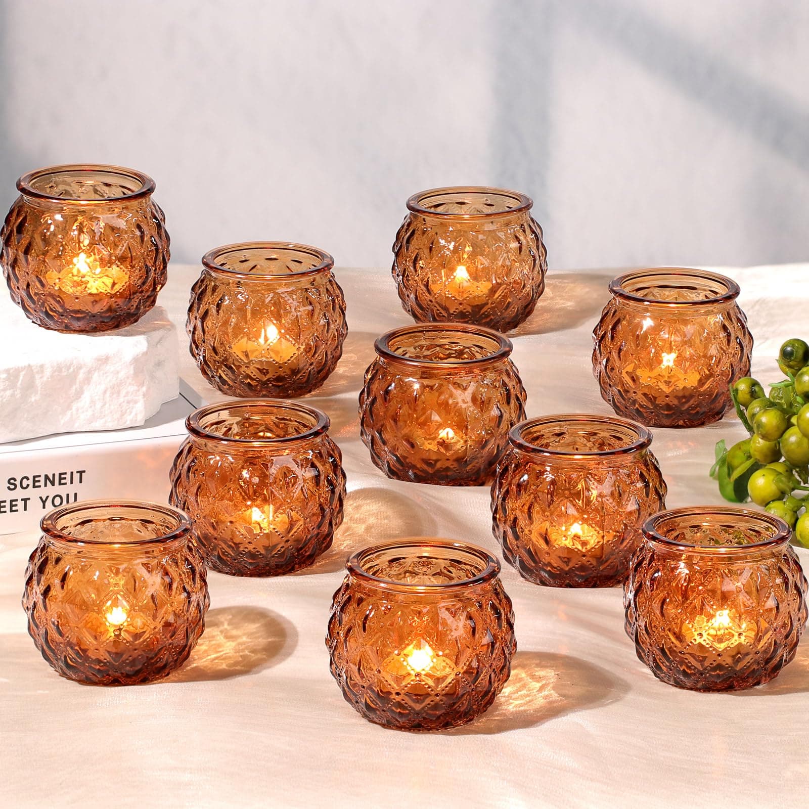 DARJEN Amber Votive Candle Holders Set of 24 - Round Glass Candle Holders for Table Centerpiece, Tea Lights for Home & Vintage Wedding Decorations