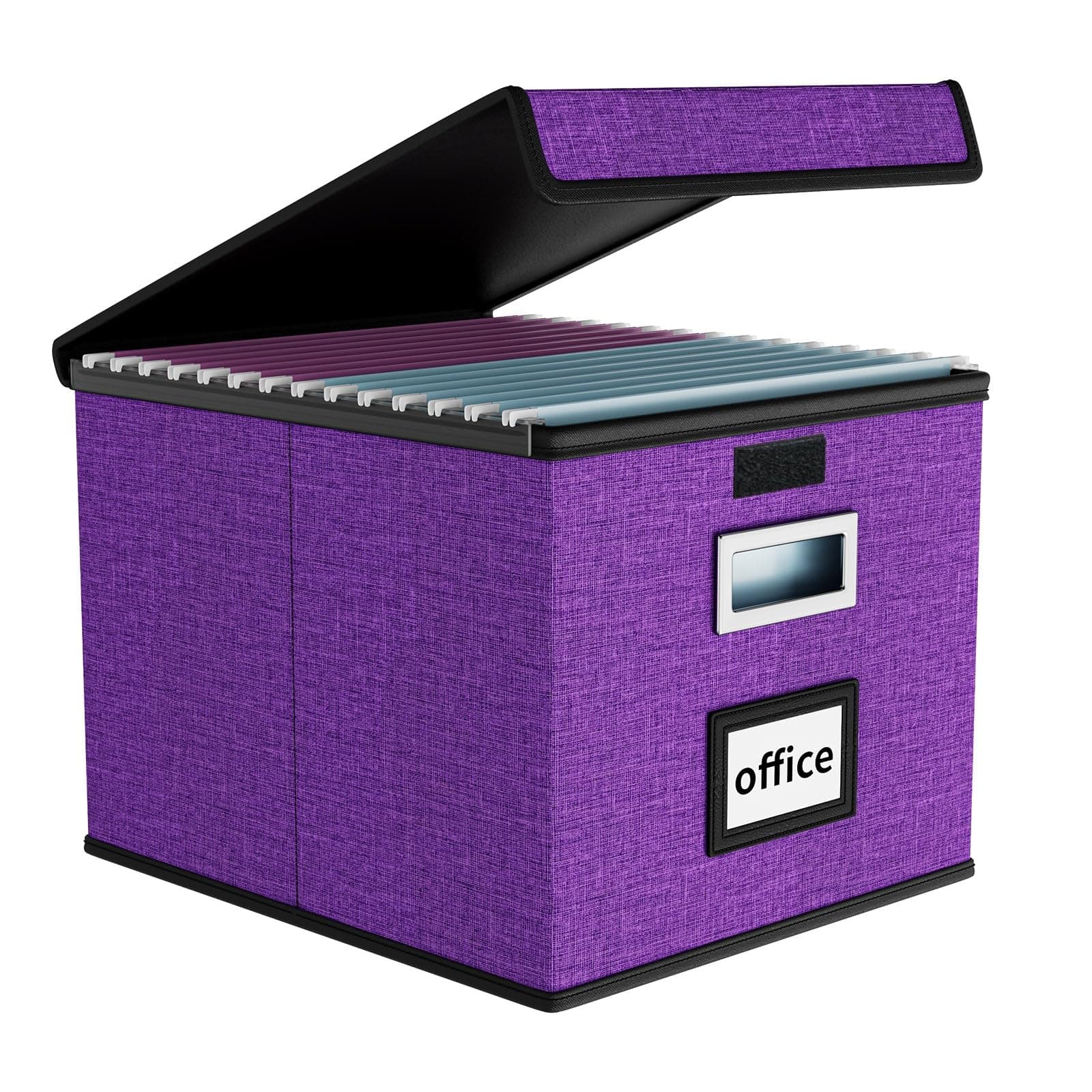Huolewa File Organizer Box with Lid, Collapsible File Folder Organizer for Office Document Storage, Filing Box with Plastic Slide for Letter Size Hanging File Folders(1 Pack, Purple)