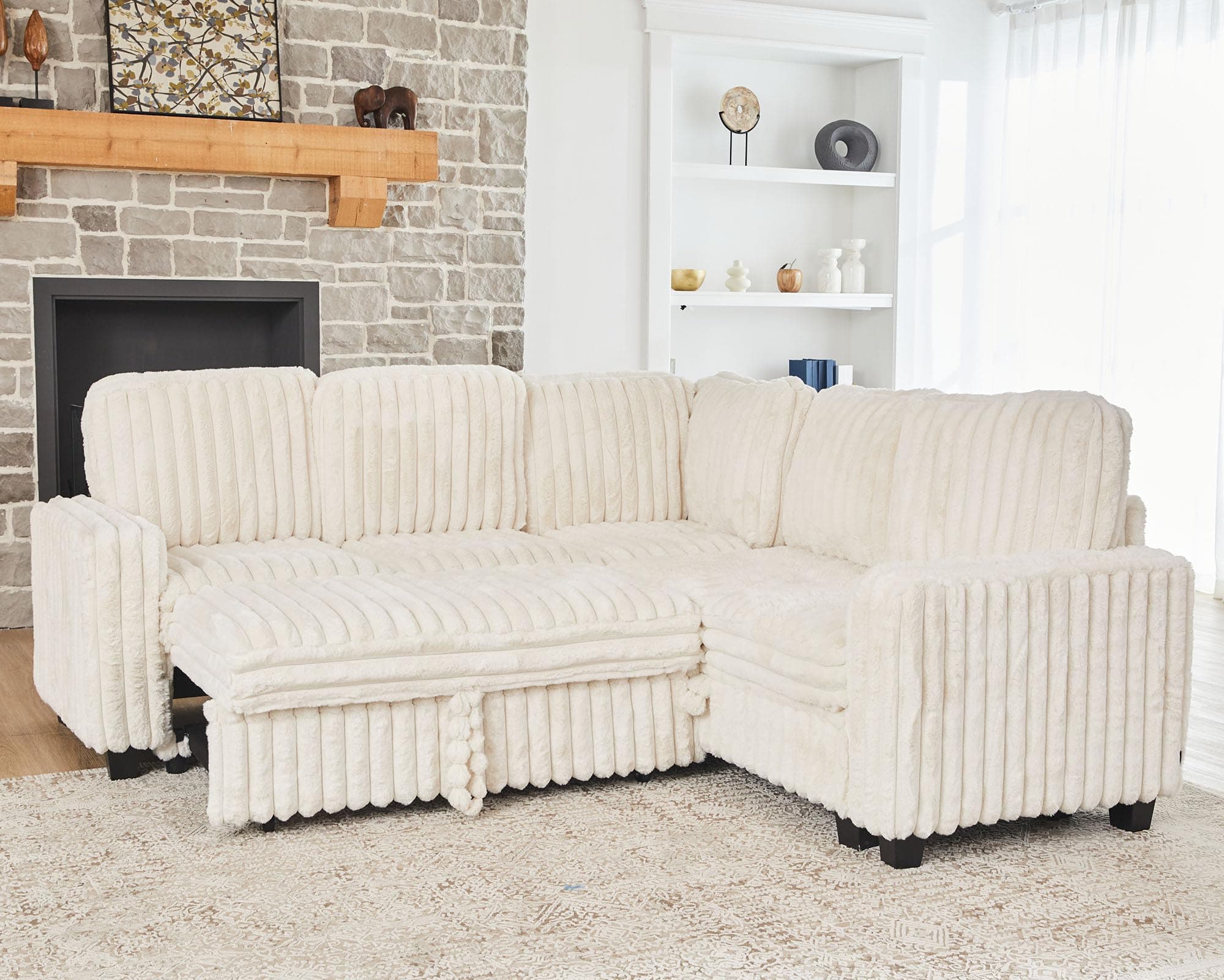 Belffin Plush Corduroy Modular Sectional Sofa with Pull Out Bed Convertible Small Sectional Corner Couch for Living Room White Couch