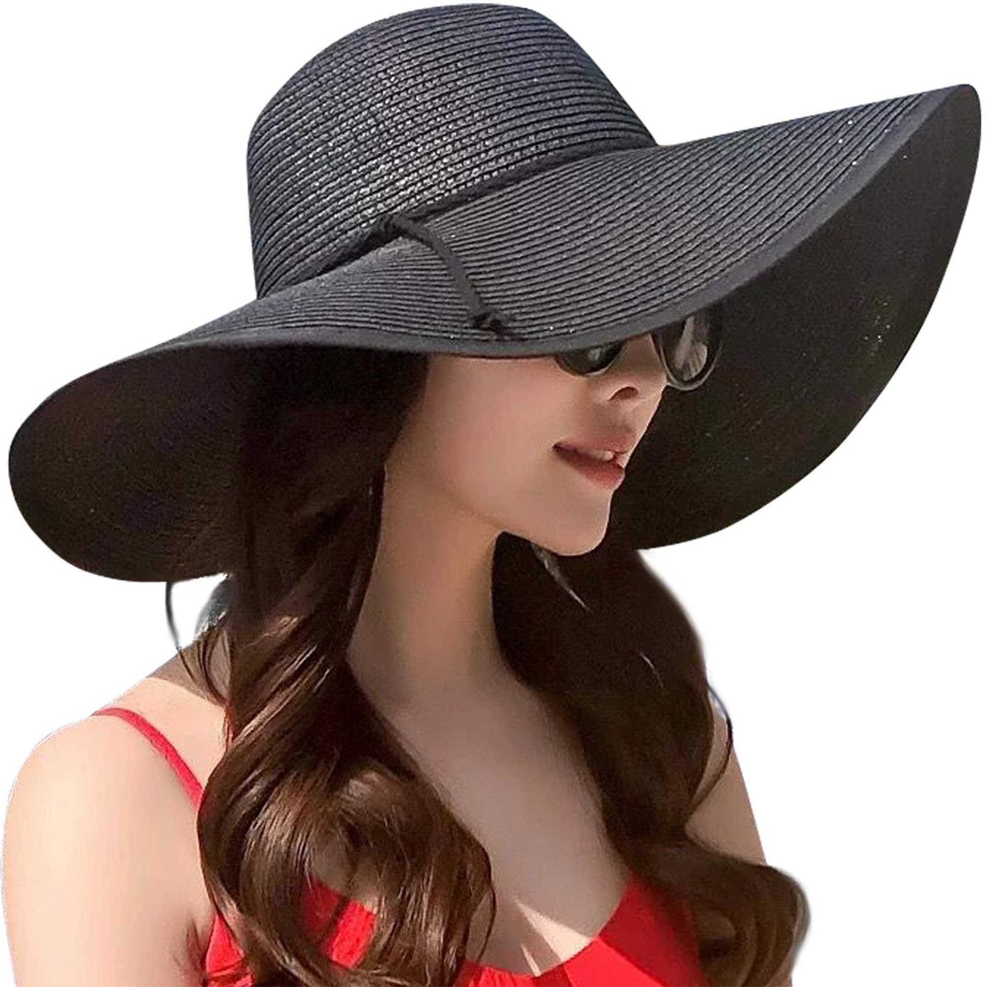 DRESHOWBeach Hats for Women Big Straw Wide Brim Summer Hat Floppy Foldable Roll up Cap Sun Hat UPF 50+