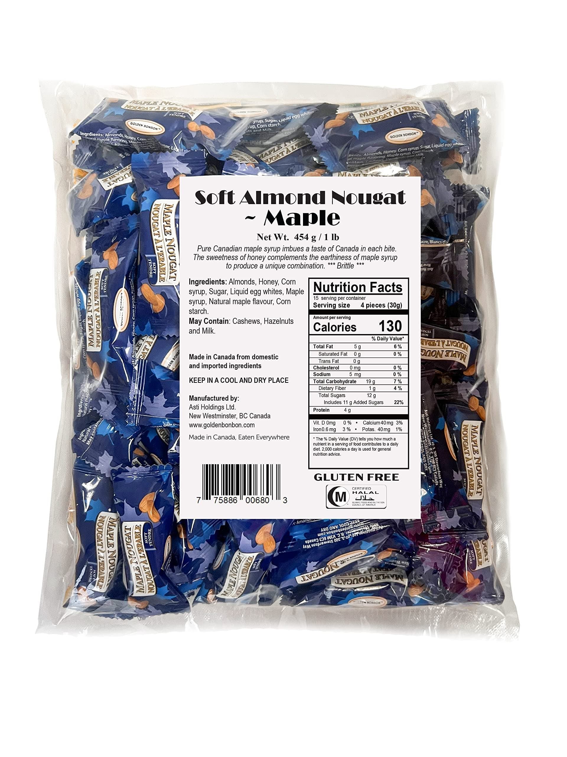 Golden Bonbon Italian Soft Almond Nougat Candy, Individually Packed Chewy, Gluten Free Nougat, Full of Almonds, Halal Candy (16 Oz, Almond Maple)