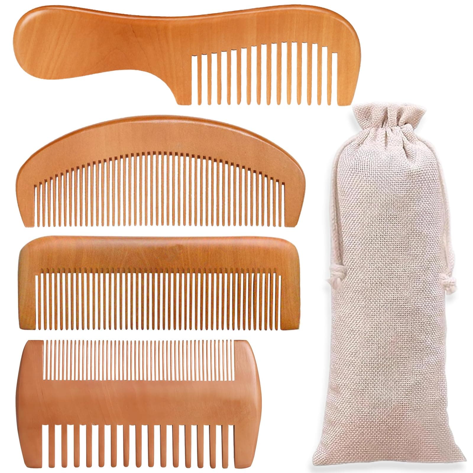 4 Pcs Natural Bamboo Comb Set for Women & Men - Wide Tooth Detangling, Beard & Labor Combs for Curly, Thick, Wavy Hair with Gift Bag