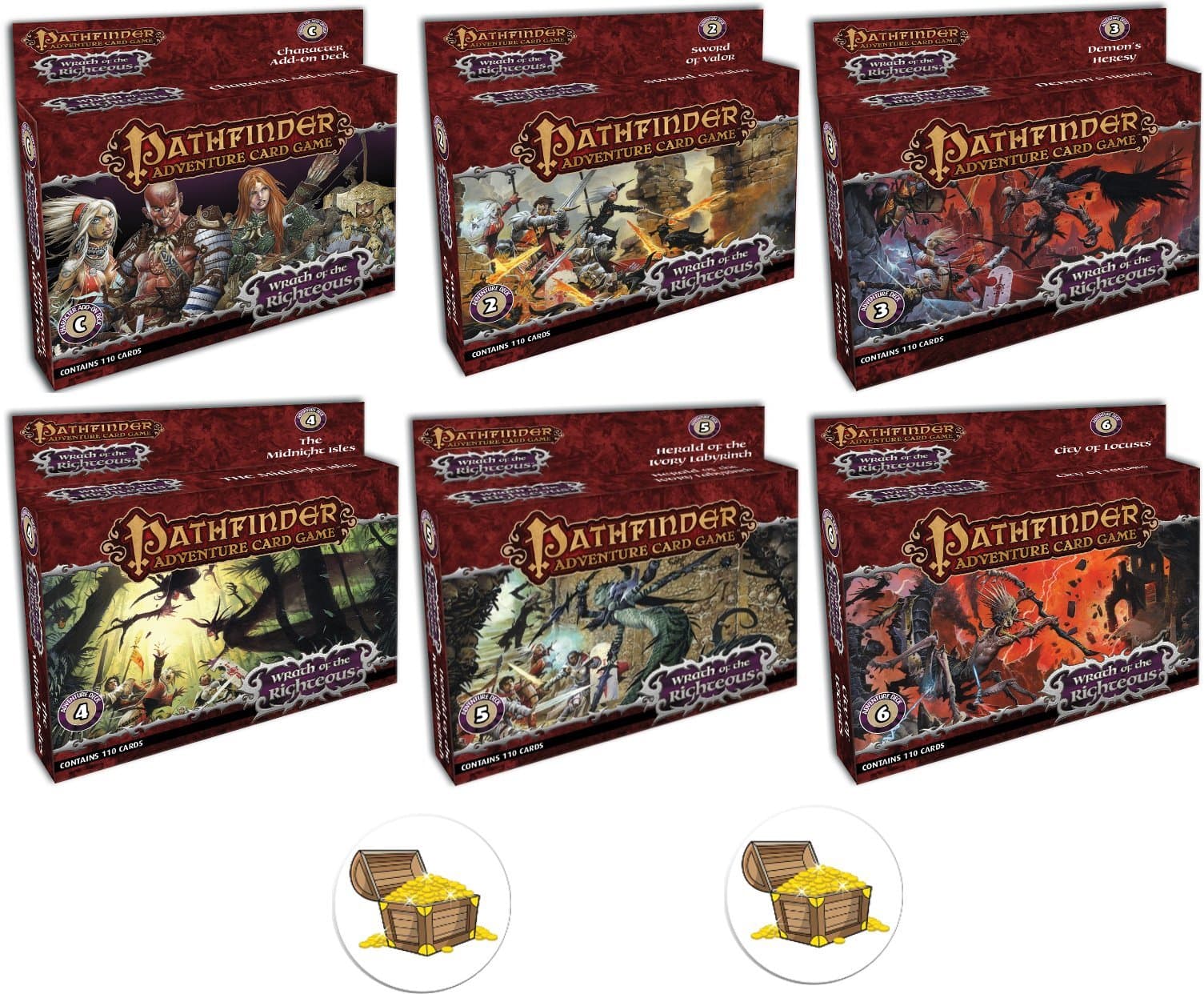 Mixed Bundle of All 6 Pathfinder Adventure Card Game Wrath of The Righteous Expansion Decks and 2 Treasure Chest Buttons