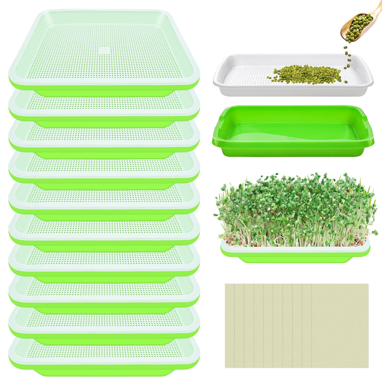 Legigo 10 Pack Green Seed Sprouter Trays- Soil-Free Cultivation Germination Tray, BPA Free Nursery Tray with Planting Paper for Indoors or Outdoors Sprouting Seeds, Grow Grass, Beans and More