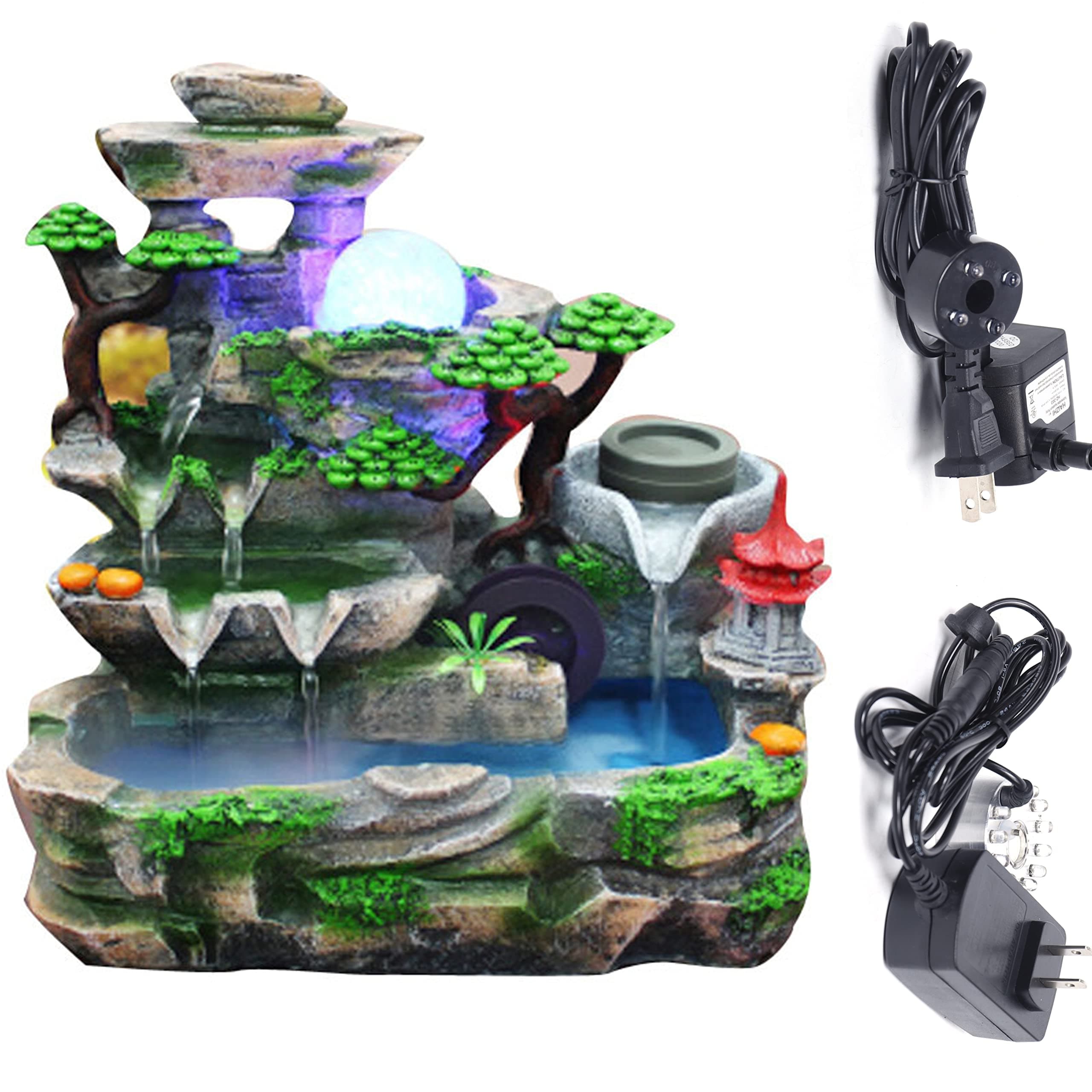 Creative Tabletop Water Fountain with LED Light & Atomizer, Indoor Waterfall Home Decor Best Festival Birthday Gift for/Boys, 10Inch Desktop Small Mini Size, Stream Rock Cavern Falls Bonsai