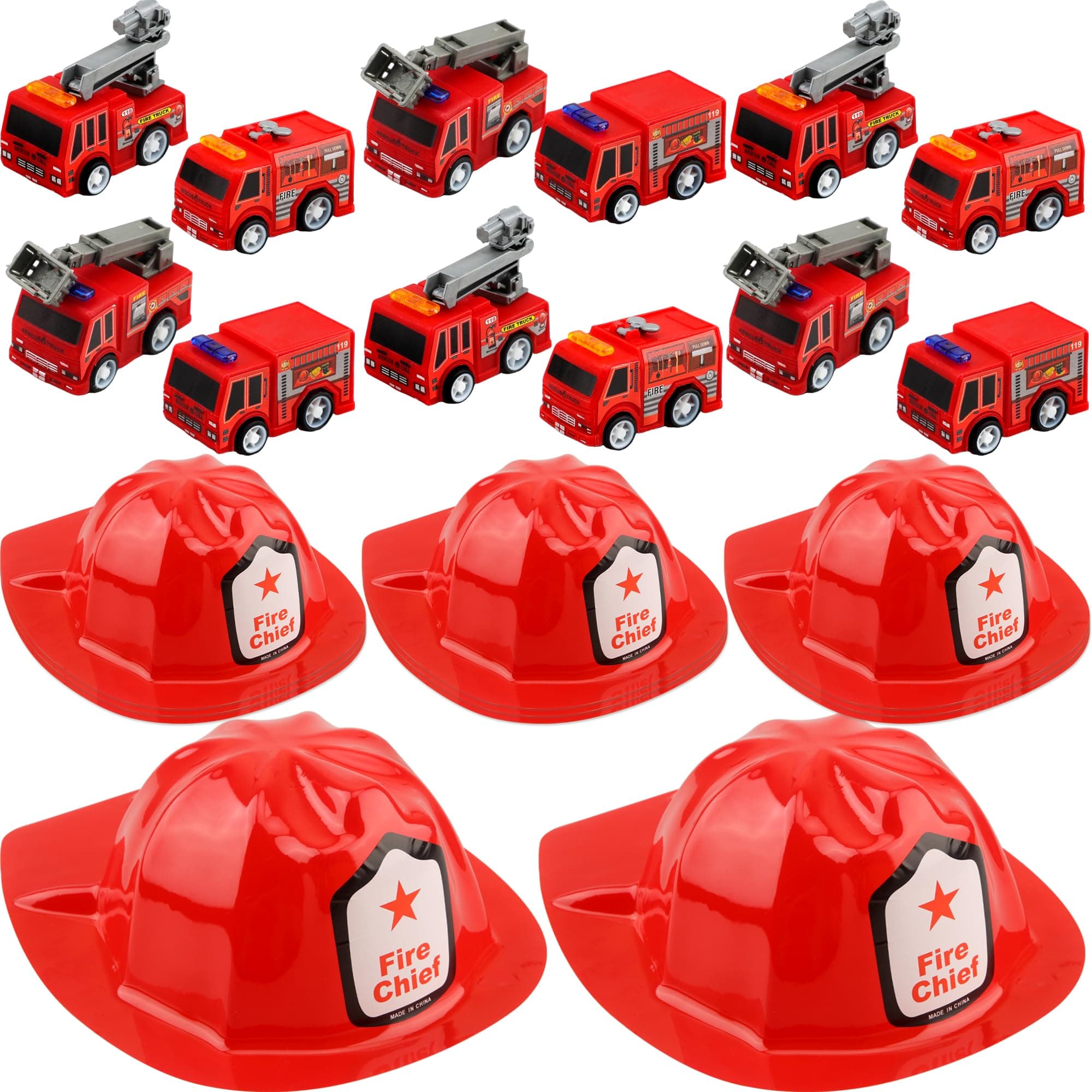 24 Pcs Fireman Party Favors Inlcude 12 Plastic Firefighter Hat 12 Mini Pullback Fire Trucks Toy Engine Car Fire Chief Hat for Kids Firefighter Birthday Party Supplies Bag Filler Gift