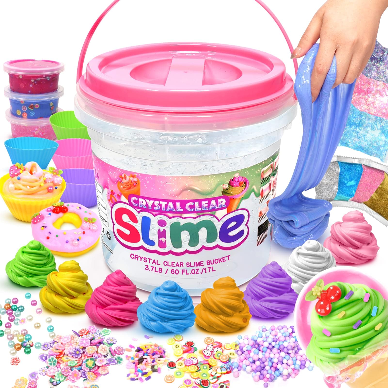 60 FL OZ Clear Slime Kit for Girls with Big Bucket: Slime Making Kits with Premade Slime for Kids DIY - 3.7 LB Crystal Slime with 35 Pack Slime Accessories for Girls Birthday Gifts