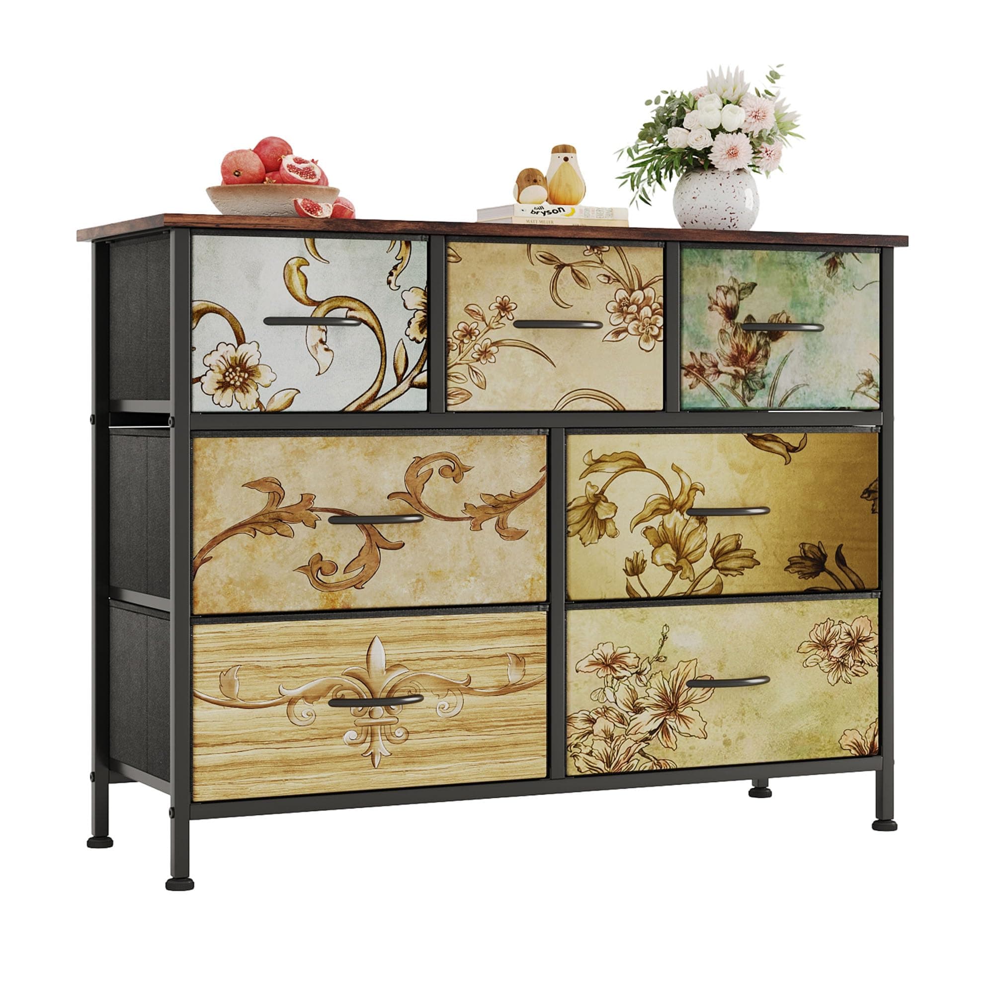 Flrrtenv Chest of Drawers Bedroom with 7 Drawers, Tall Fabric Dressers with Flower Printing, Dresser for Entryway Hallway Living Room, Closet Storage Drawer, Rustic Brwon Wooden Top