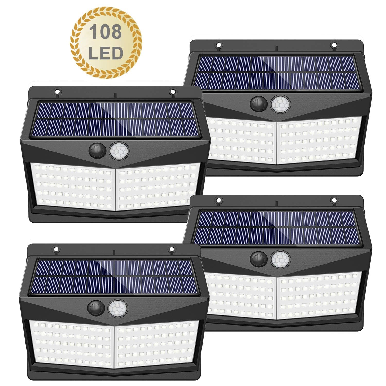 【108 LED/3 Mode】Solar Lights Outdoor, SEZAC Solar Security Lights Solar 150° Wide Angle Lighting Solar Motion Sensor Lights Wireless Waterproof Outdoor Lights for Garden Fence Patio Garage (4 Pack)