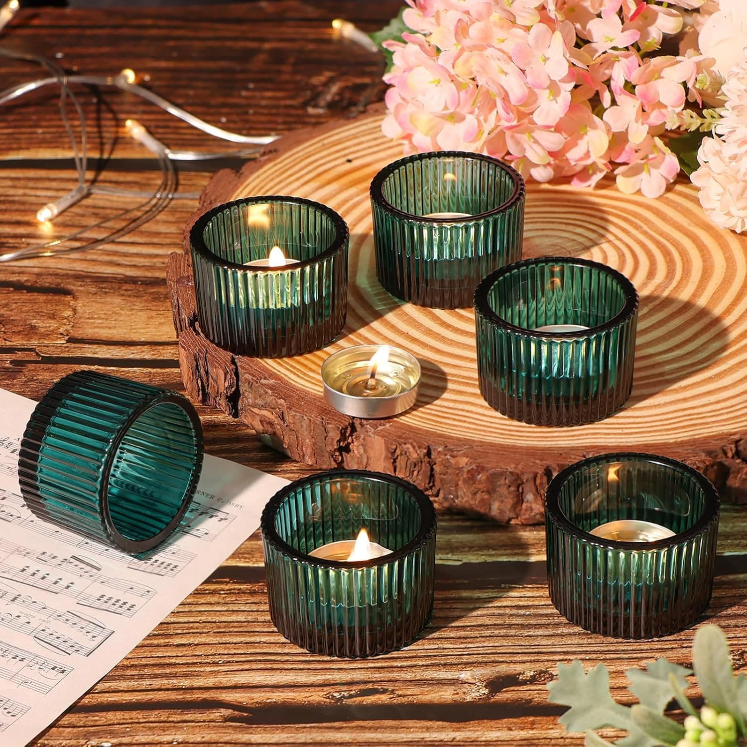 Set of 6 Votive Glass Tealight Candle Holders - Christmas Decorations Items for Home D�cor Living Room Bedroom Dining Table (Green)