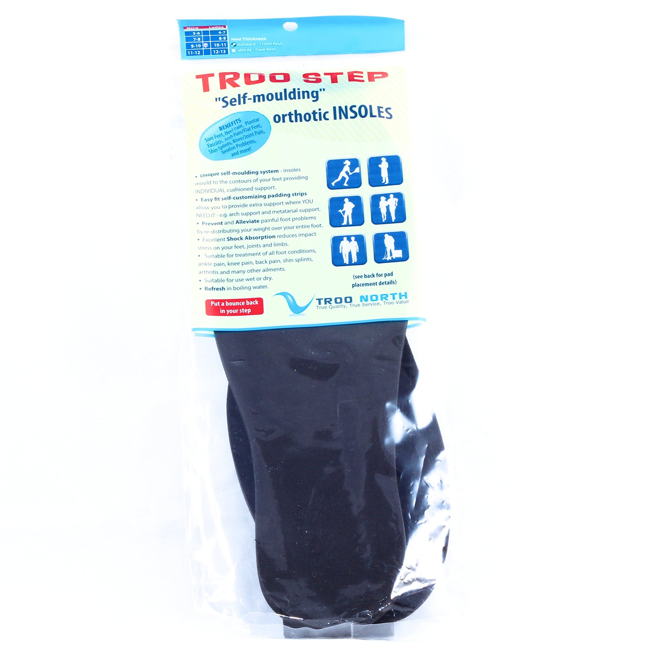 Troo Step Insoles Mens 11-12 / Ladies 12-13 Slim-Fit Heel 7mm - Self Moulding Cushioned Support Insoles for Foot Pain, Heel Pain, Plantar Fasciitis, Spurs, Policemans Heel, Arch Support and More