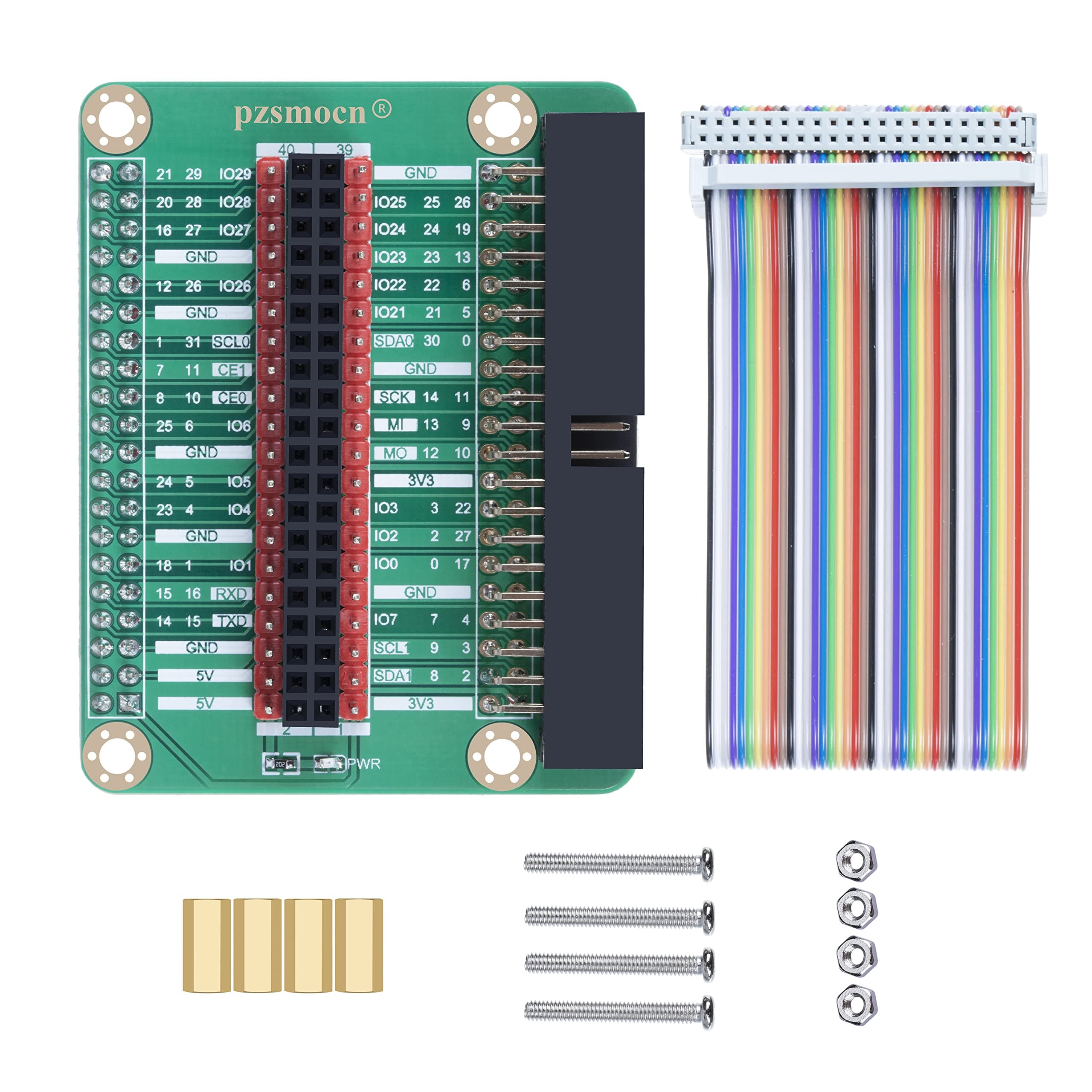 pzsmocnIO Expansion Board Compatible with Raspberry Pi-3, Pi-4 and Pi-400. with 40 Pin Contrast Silk Screen, BCM Encoding Information, WiringPi Encoding Information and Color GPIO 40 Pin Cable.