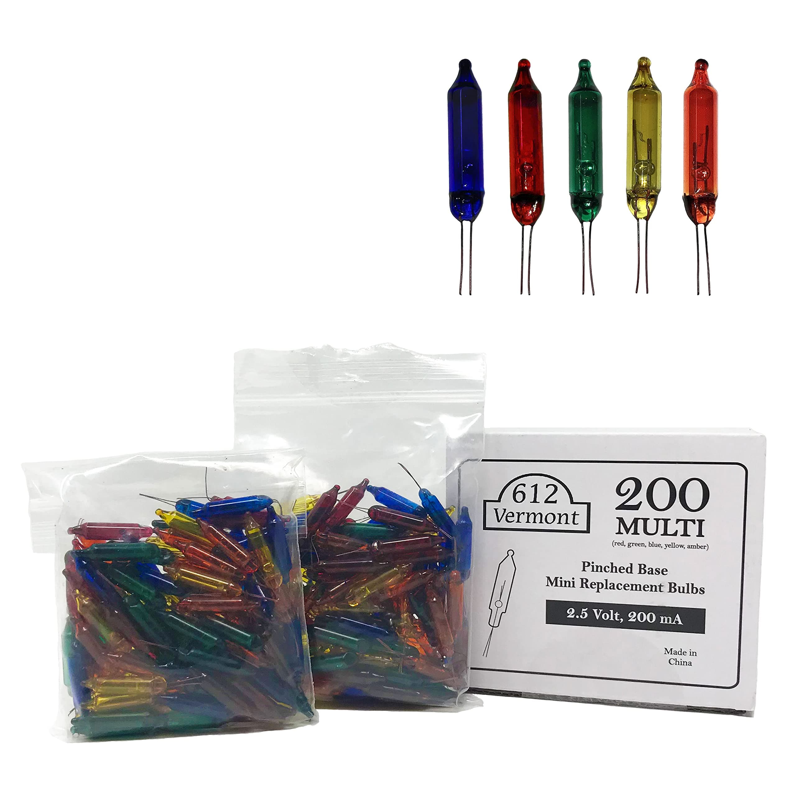 612 Vermont2.5V Multi Mini Christmas Replacement Bulbs for Christmas Trees and Incandescent String Lights, Pinched Base, 200 Count (0.50 Watt, 200 mA)