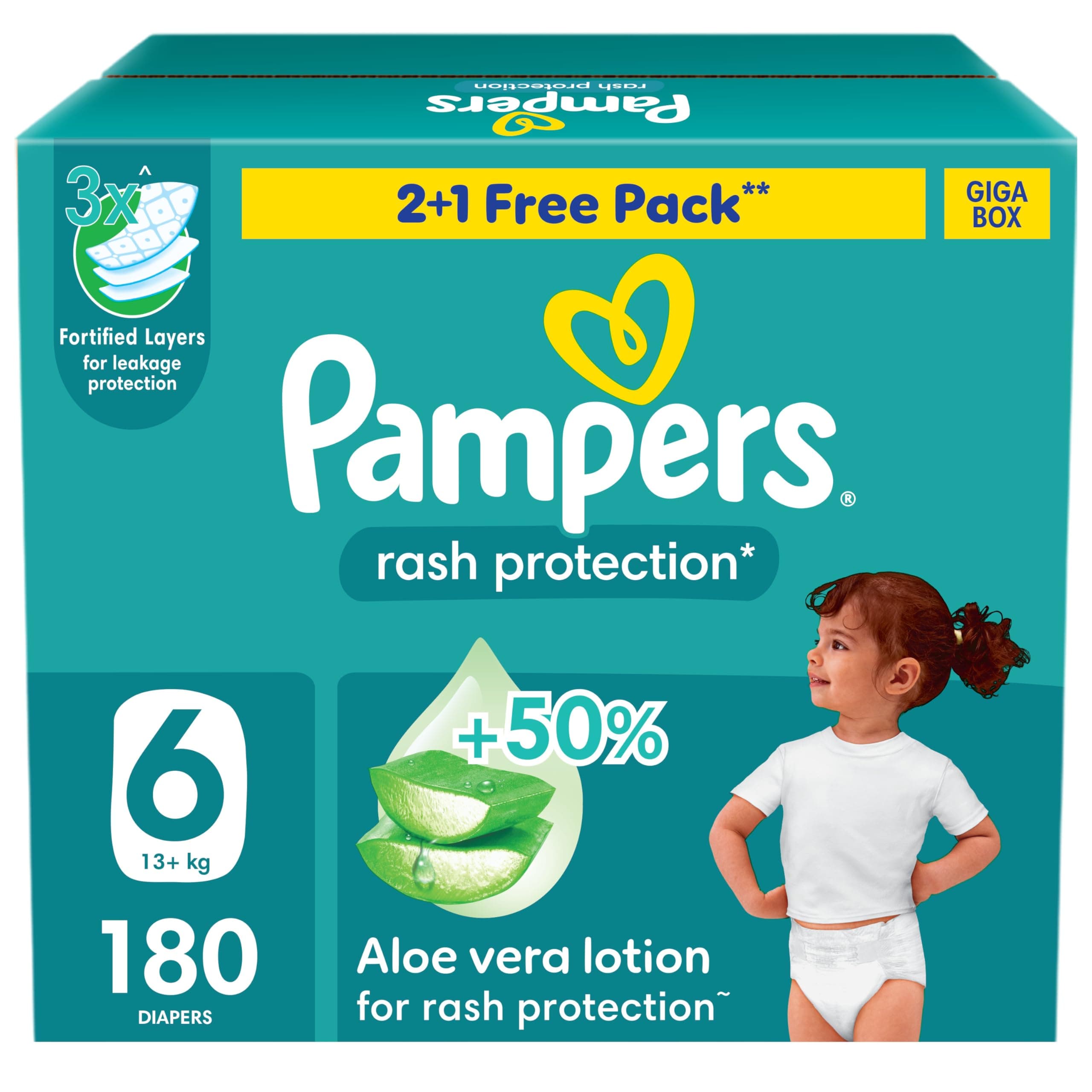 Pampers Rash Protection Taped Diapers, Size 6, 13+kg, +50% Aloe Vera Lotion for Rash Protection, 3x Fortified Layers for Leakage Protection, Giga Box, 180 Count
