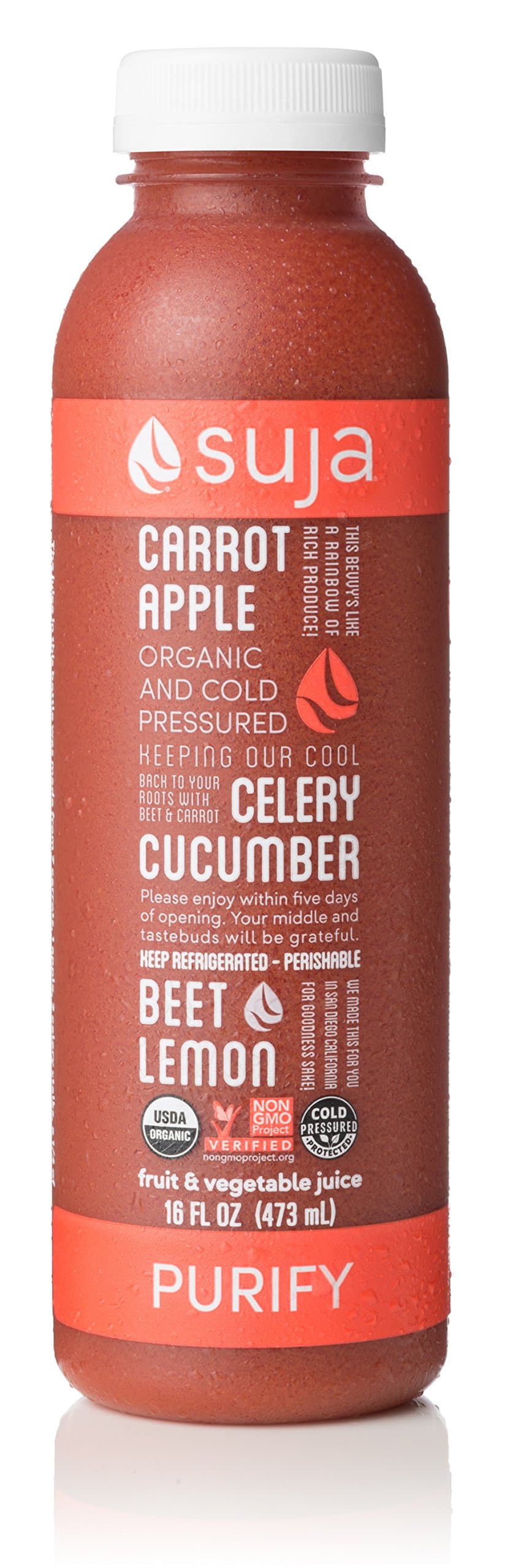 Suja Organic Cold-Pressed Juice, Purify, 16 Fl Oz (Pack of 6), 100% Plant-Powered Vegetable and Fruit Juices, Vegan, Gluten-free, Non-GMO, Made in USA