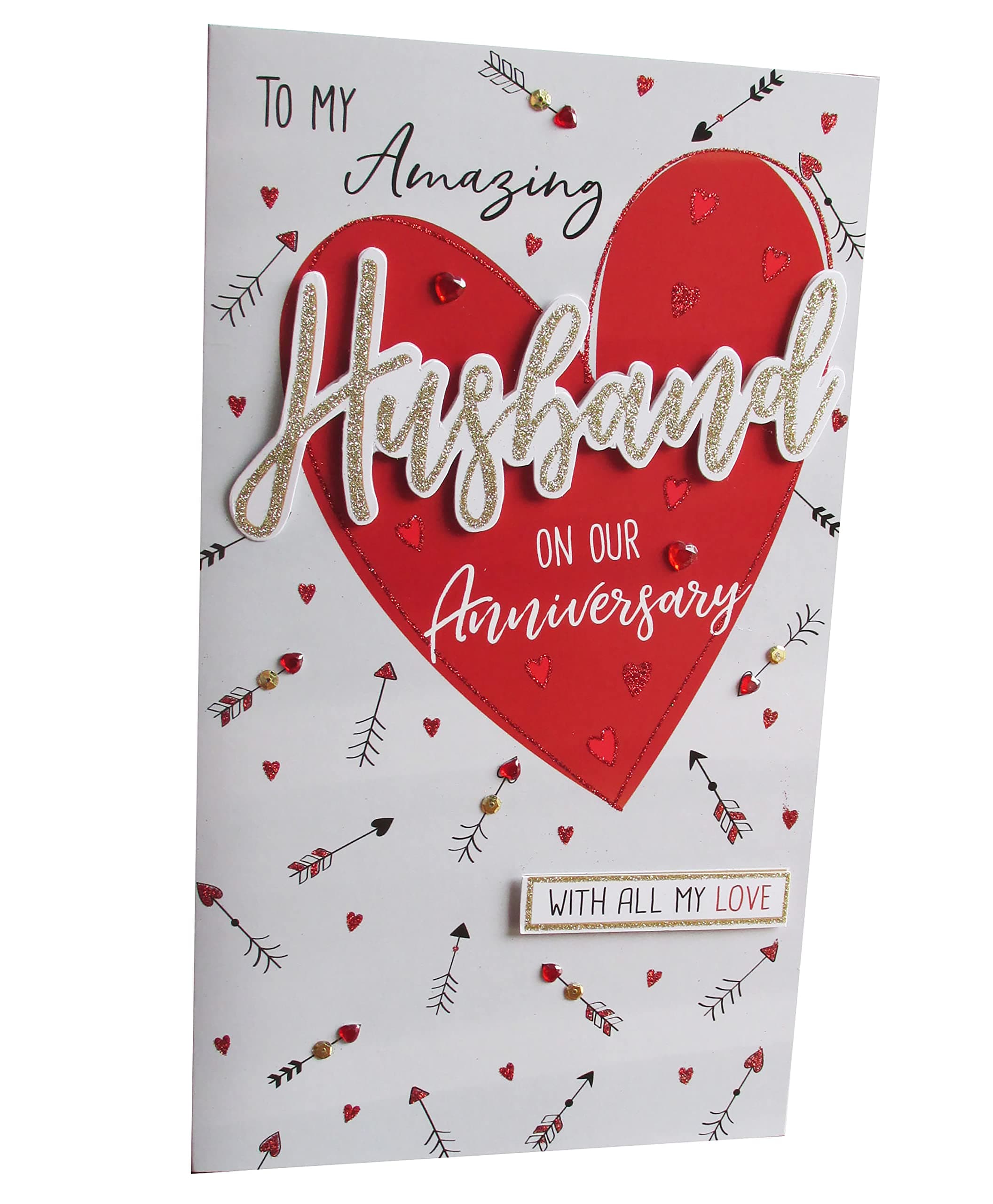 Anniversary Greetings Card for Husband Large Card 29.5 x 17 Cm (11.6 x 6.7 inches) Hearts Glitter to My Amazing Husband with All My Love