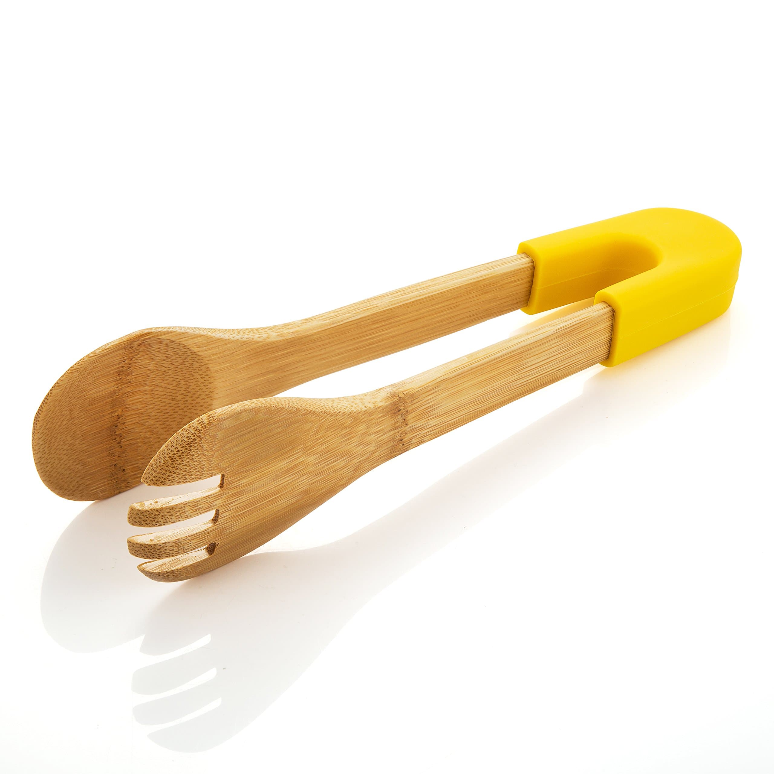 QooWare 10 Inches Bamboo Tongs with Detachable Silicone Handle (Yellow) –Natural Wood Spoon Ladle