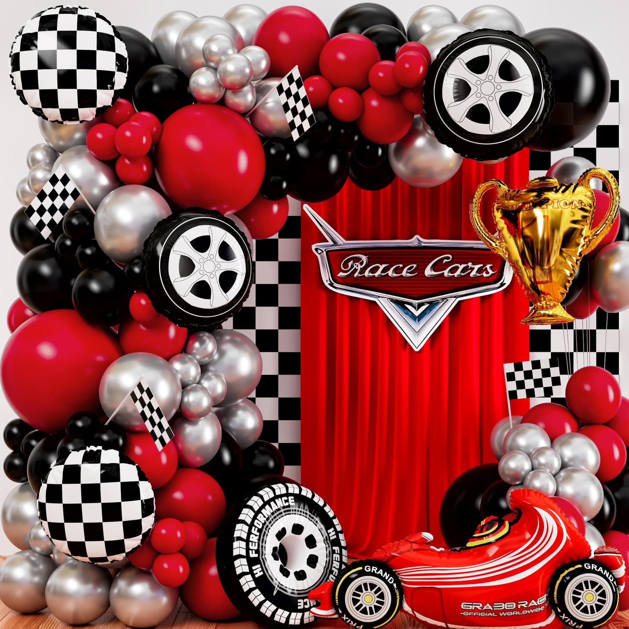 ALL-IN-1 Race Car Balloon Arch Kit with BONUS Trophy & Number 2 - Cars Balloon Garland Kit for Lightning McQueen Cars 2 Birthday Party Supplies & Hot Wheels Balloons RaceCars Decorations