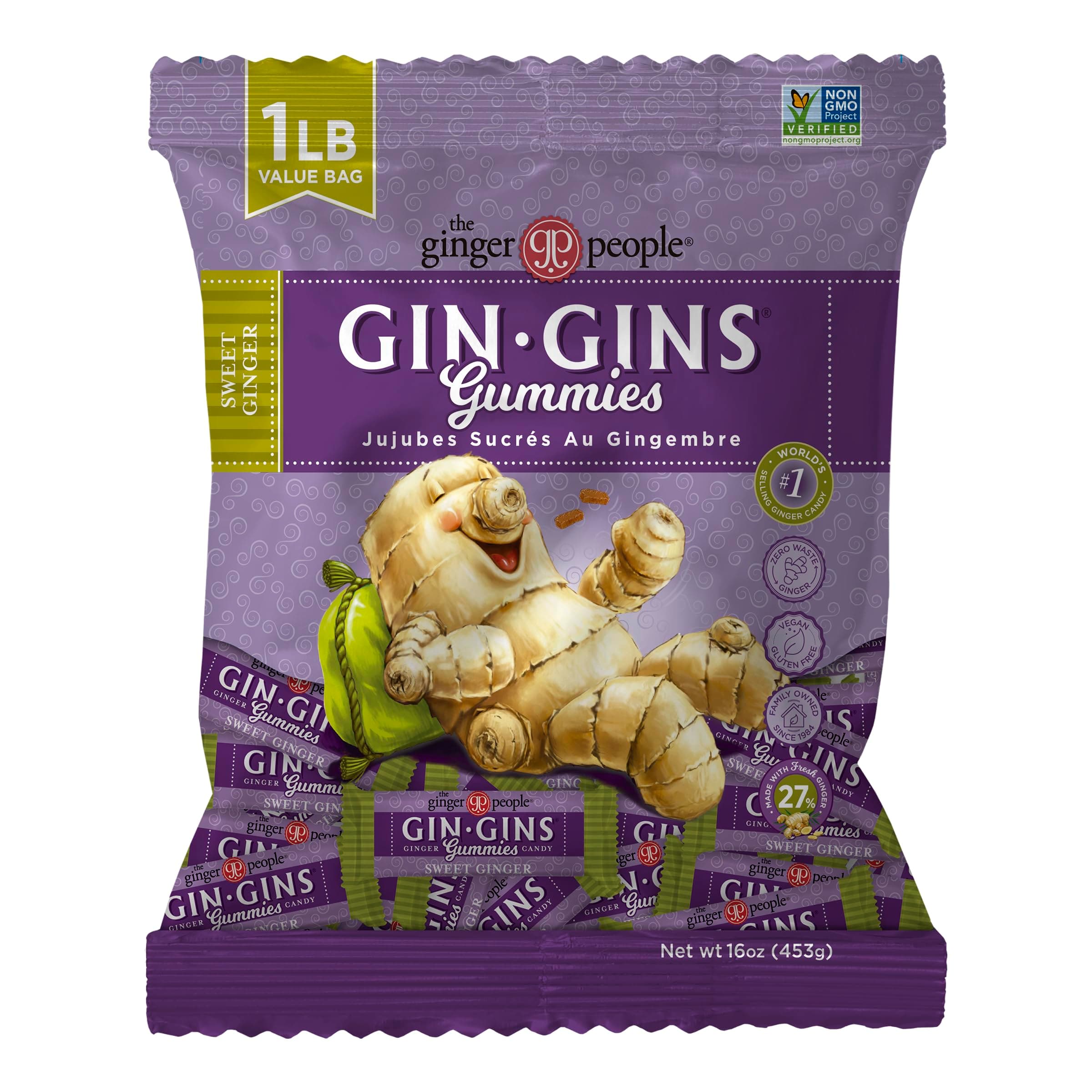 GIN GINS Sweet Chewy Candy - Anti-Nausea and Digestion Aid, Individually Wrapped Healthy Candy - Sweet Gummies, Large 1 lb Bag (16 oz) - Pack of 1 (16 oz)